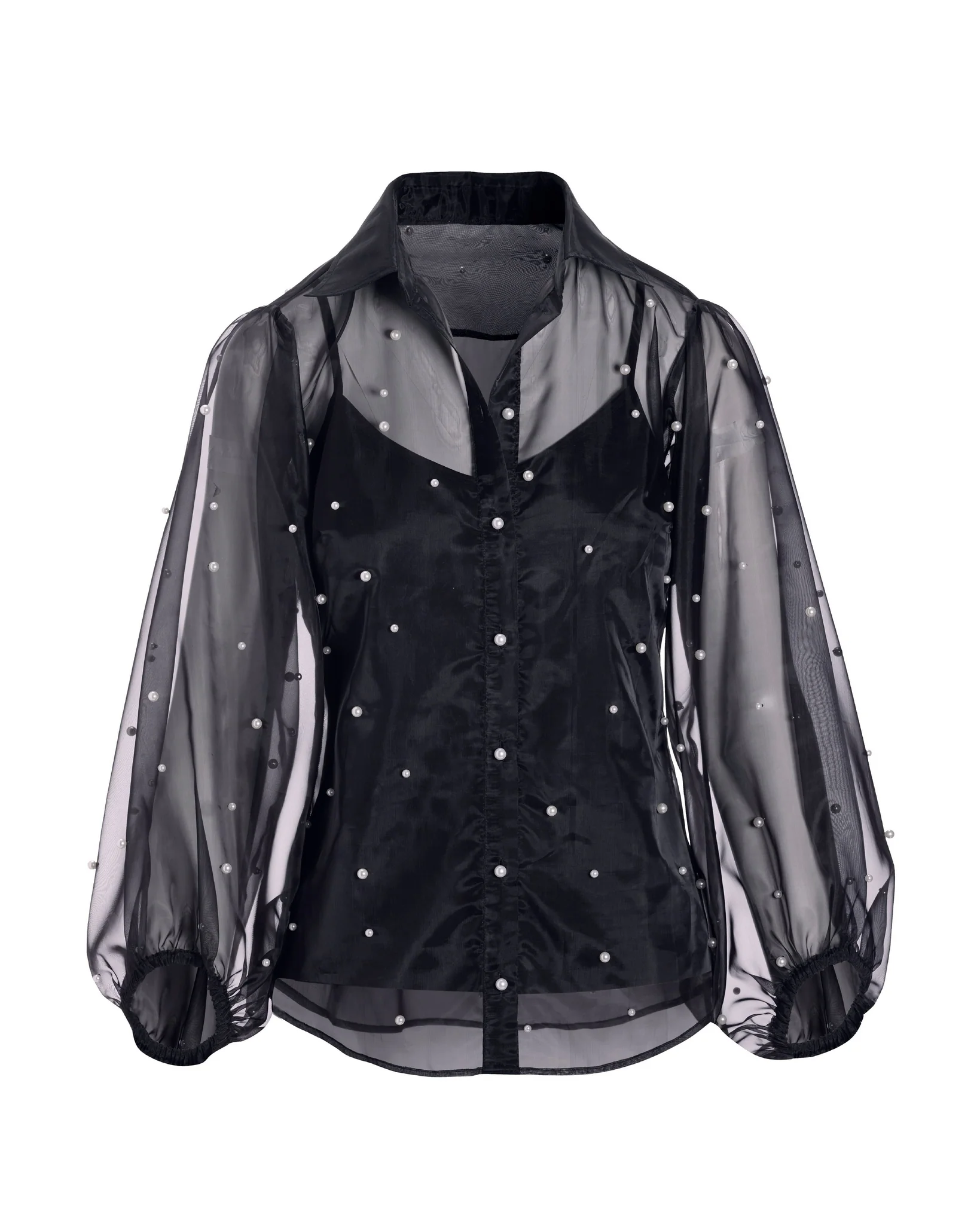 Pearl Embellished Organza Balloon Sleeve Shirt Black - Mycitystee