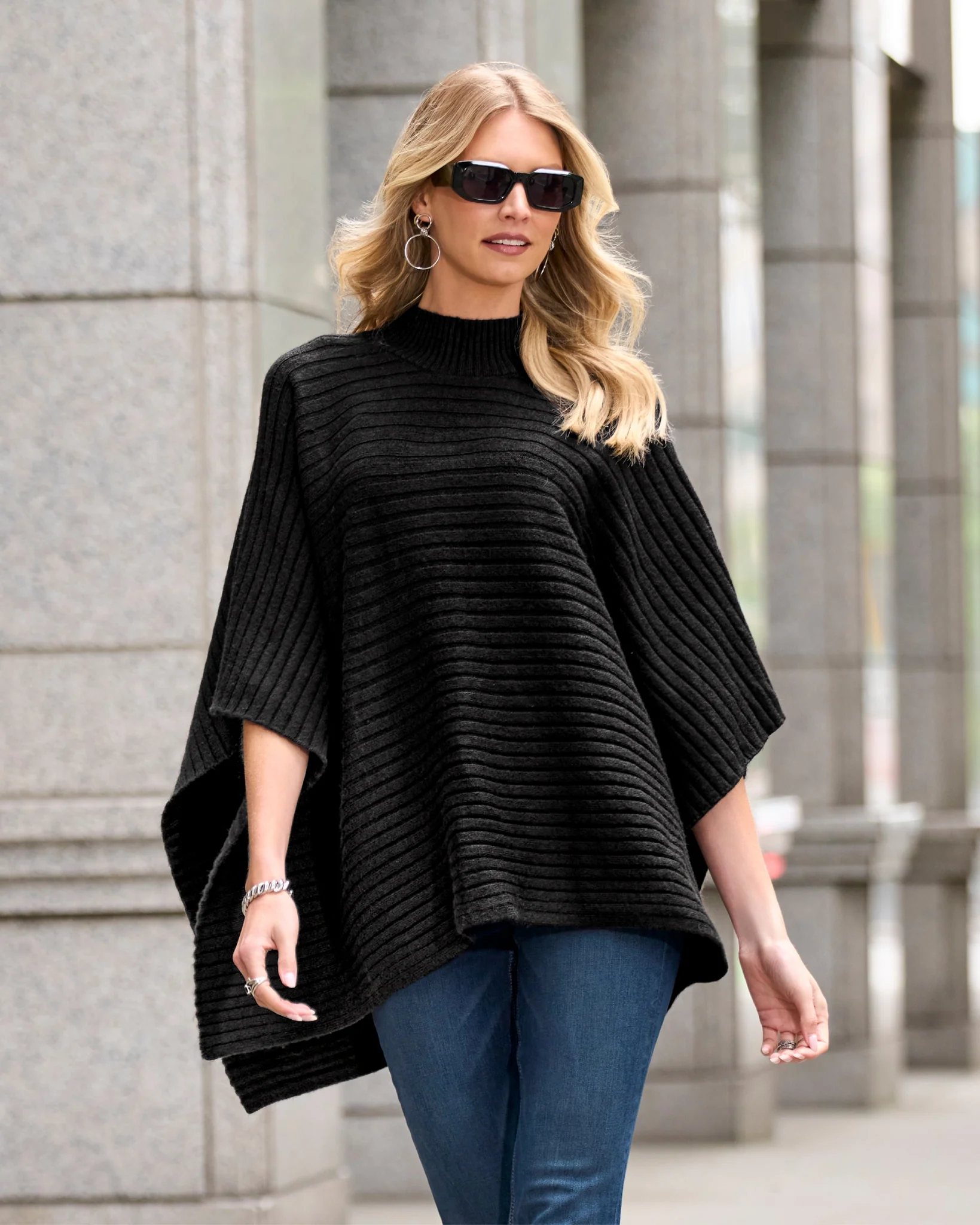 Wide Rib Sweater Poncho Black - Mycitystee