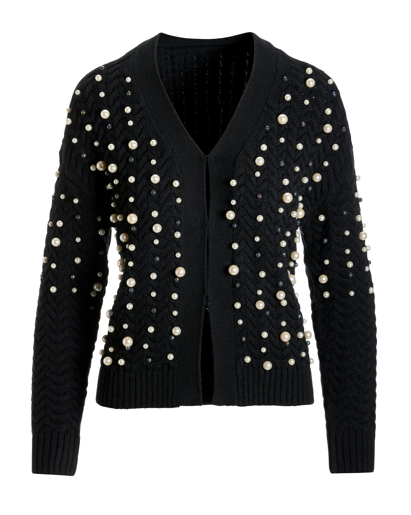 Pearl Embellished Cable Cardigan Black - Mycitystee