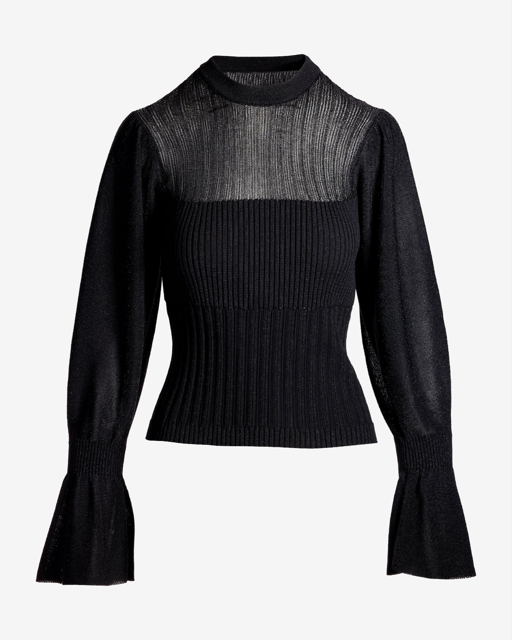 Ribbed Sheer Flare Sleeve Sweater Black - Mycitystee