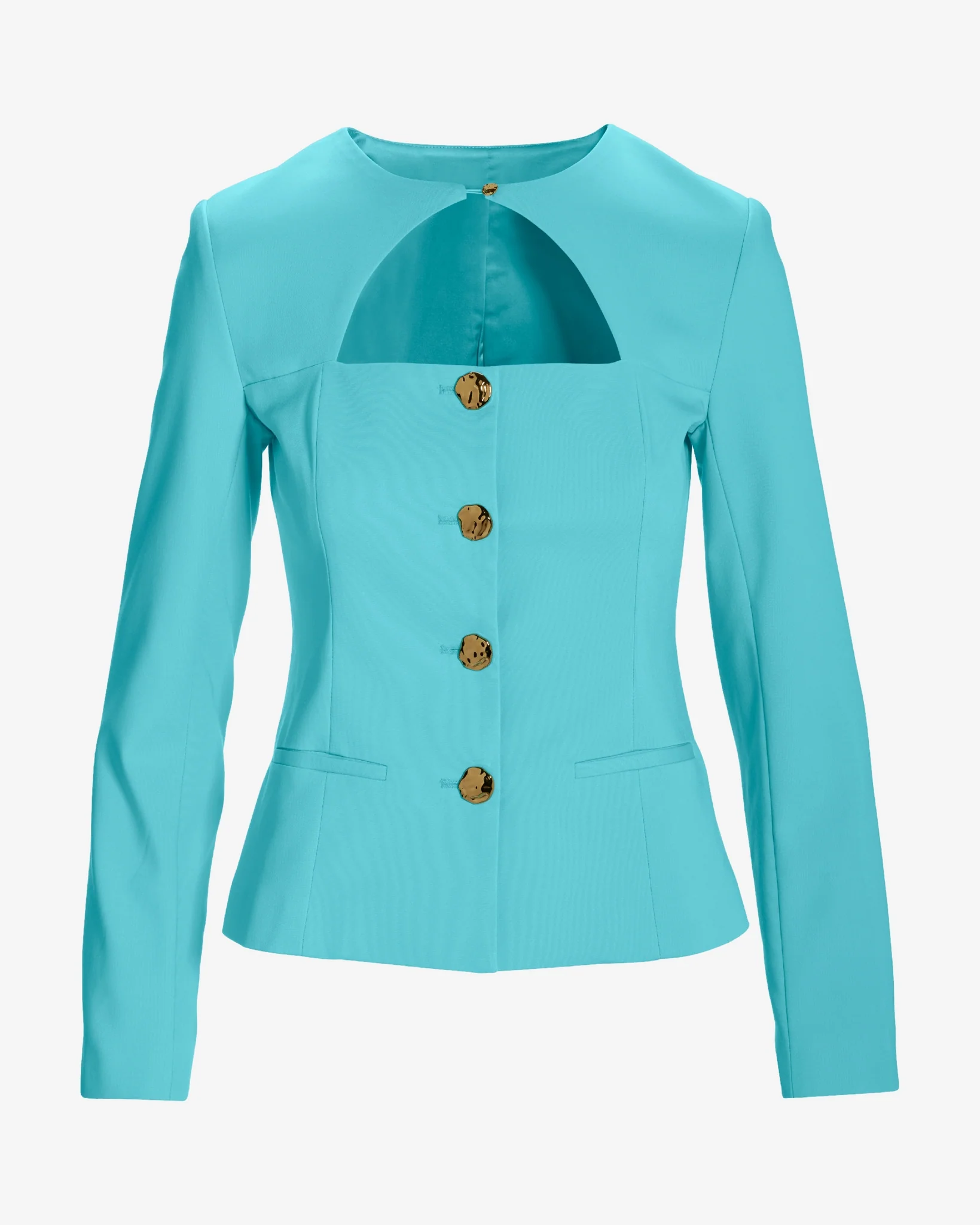 Modern Cutout Novelty Button Peplum Blazer Blue Radiance - Mycitystee