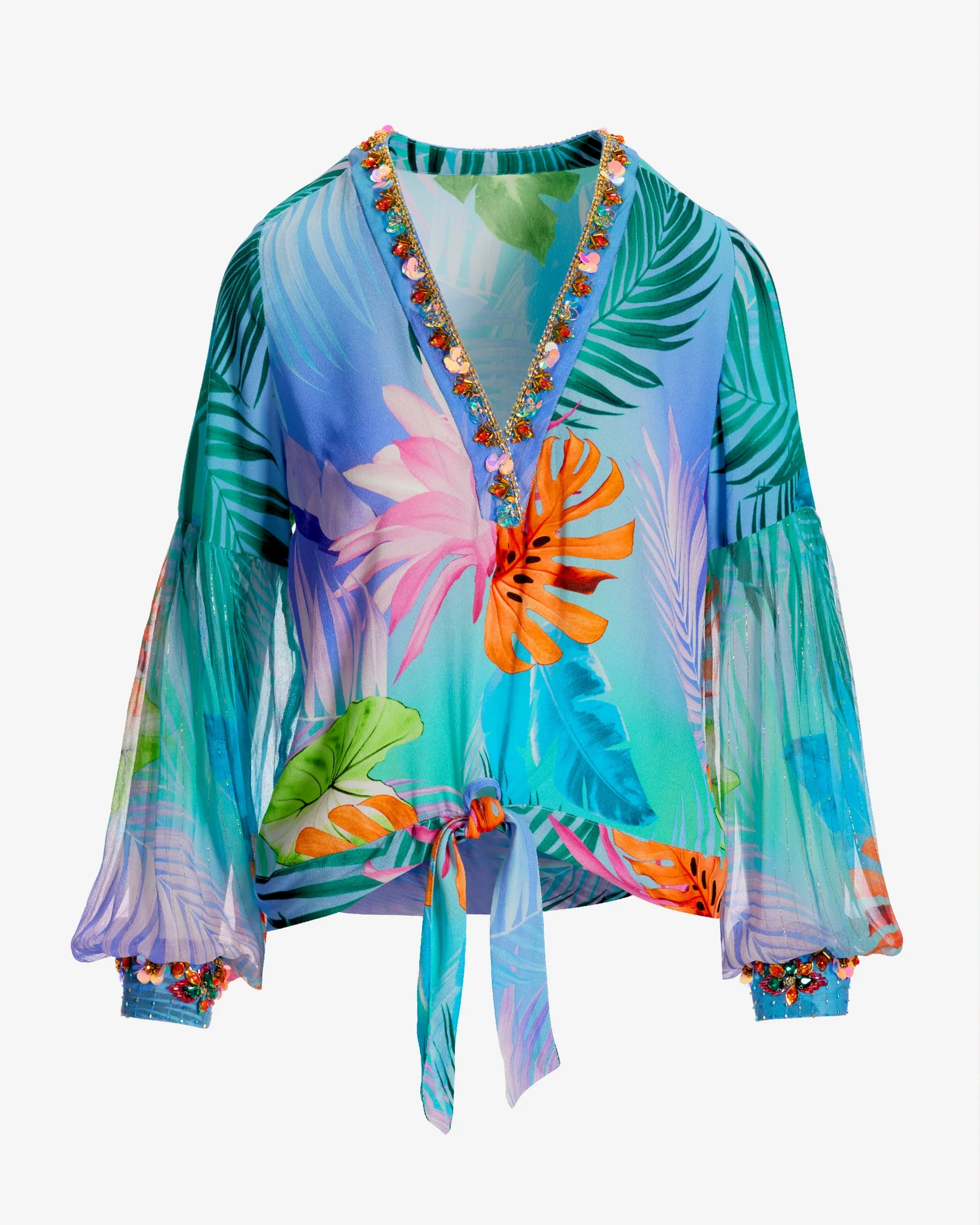 Tropical Summer Print Embellished Tie Front Blouse Blue Multi - Mycitystee