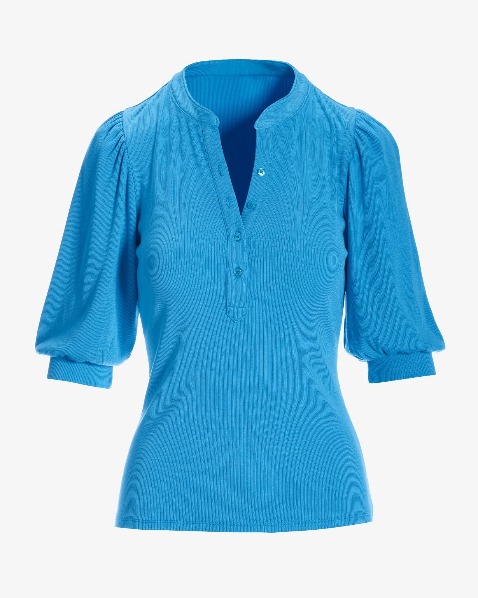 So Essential Ribbed Puff Sleeve Henley Top Malibu Blue - Mycitystee