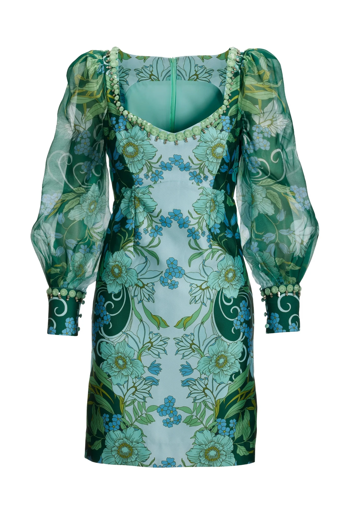 Organza Puff-Sleeve Embellished Shift Dress Multi - Mycitystee