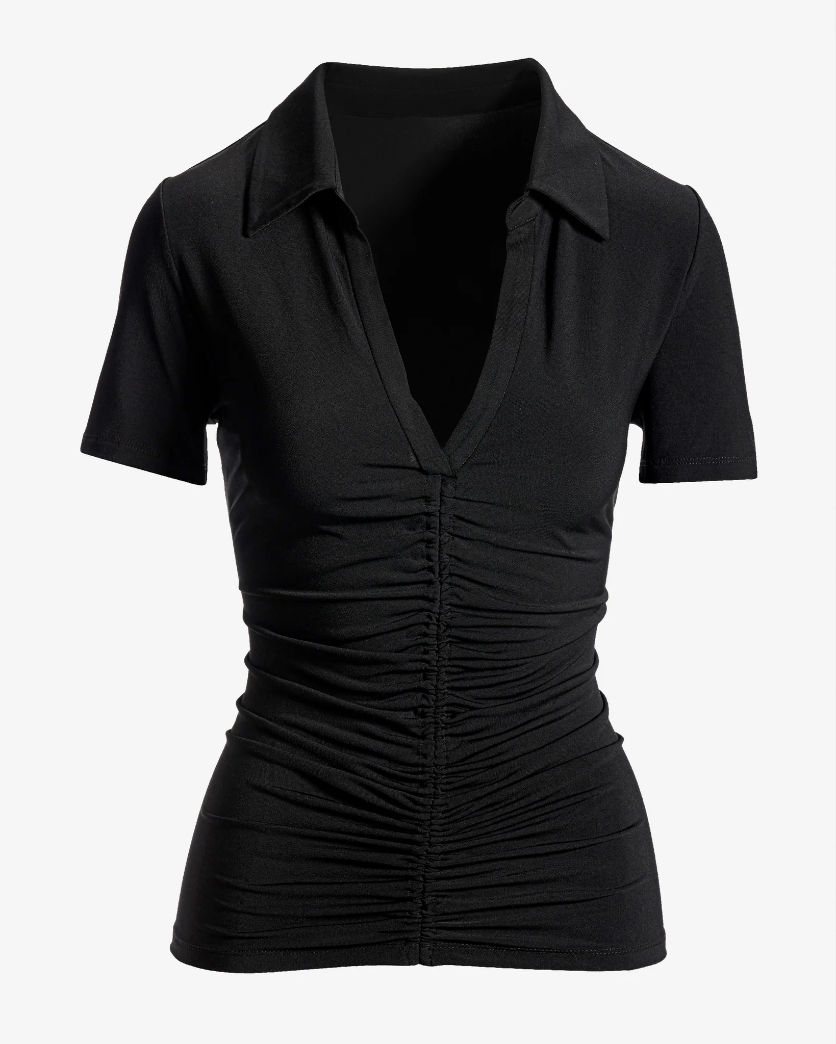 So Chic Collared Ruched Short Sleeve Top Proper Black - Mycitystee