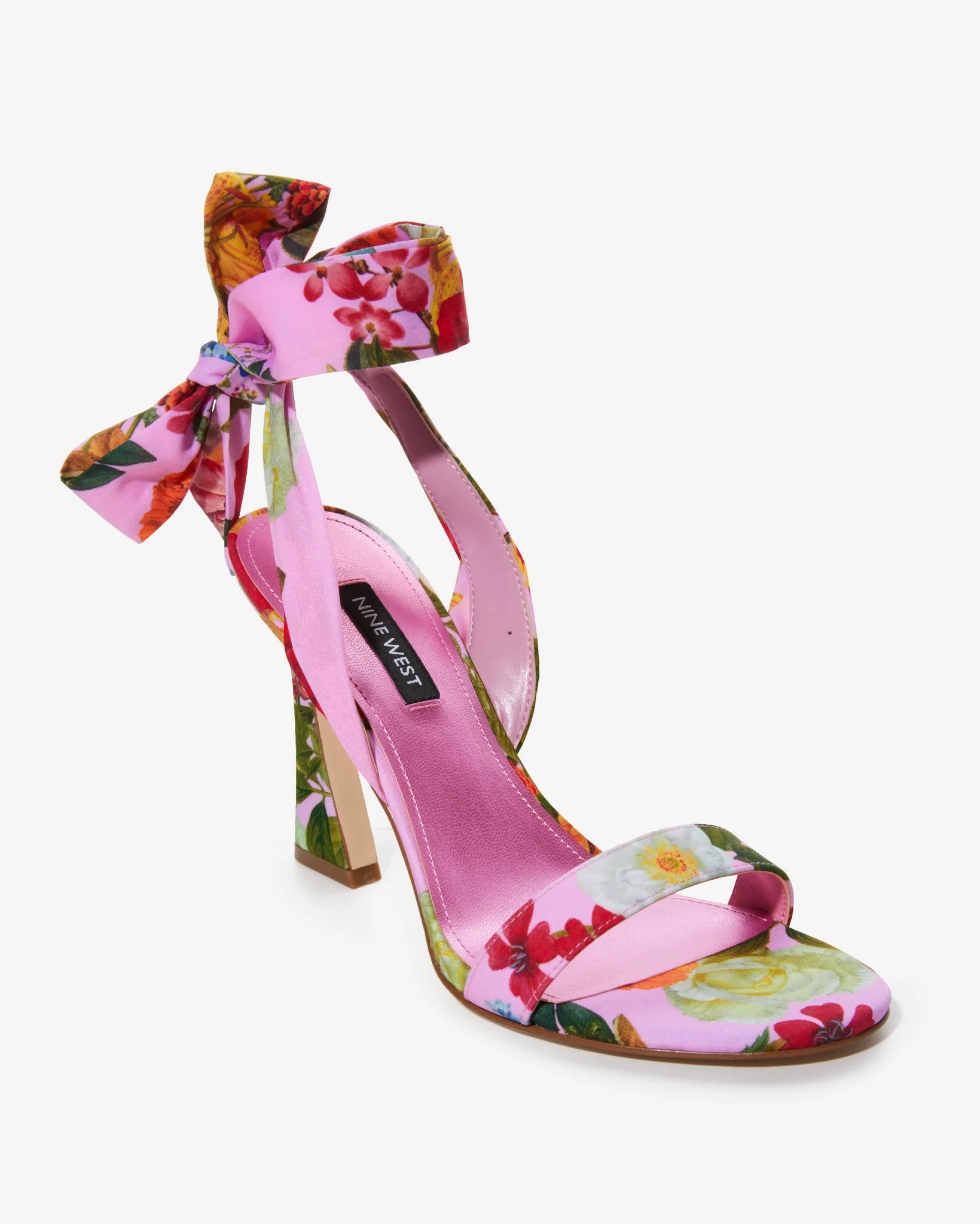 Floral Printed Ankle Wrap Heel Pink Multi - Mycitystee