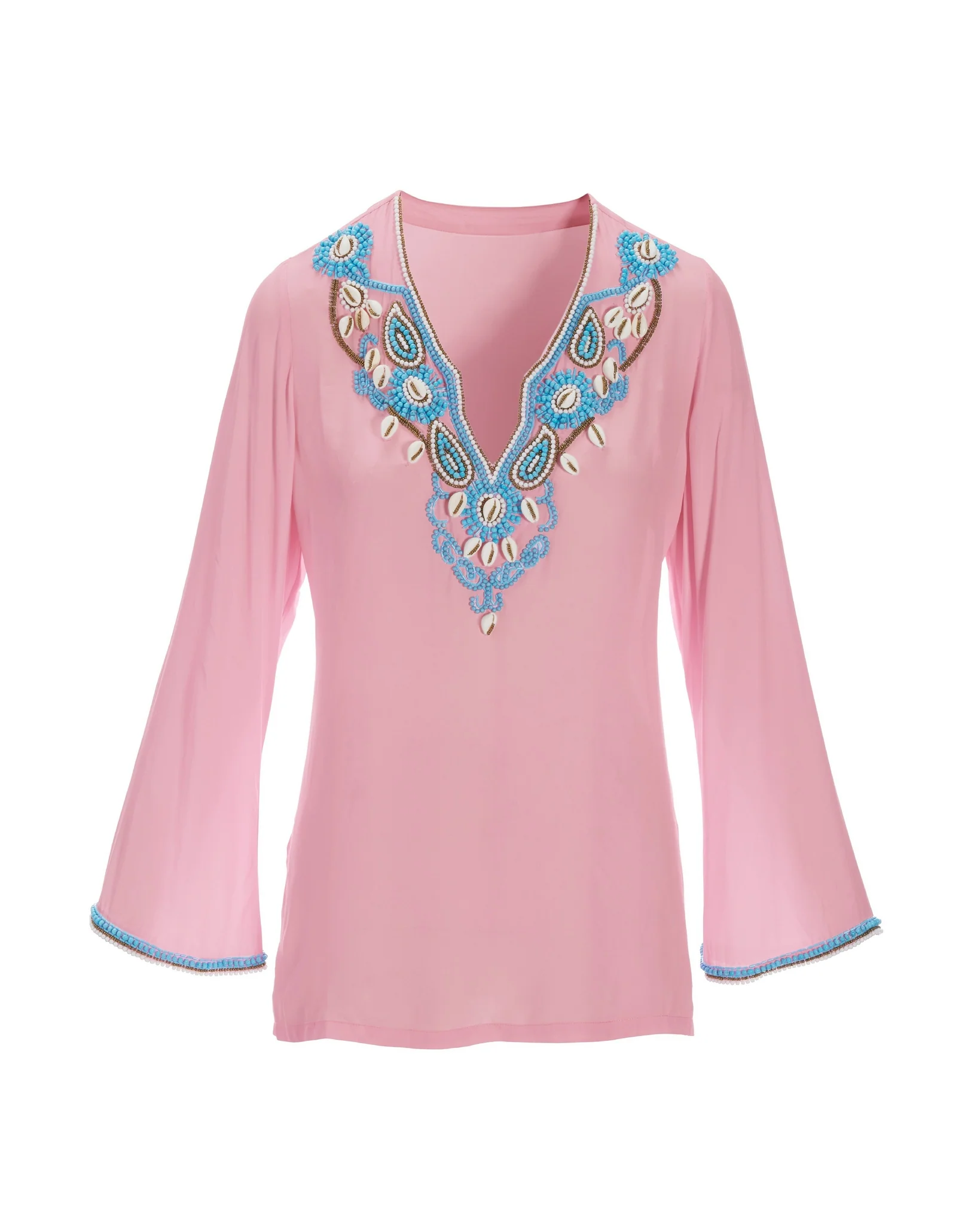 Shell Embellished V-Neck Tunic Top Almond Blossom - Mycitystee