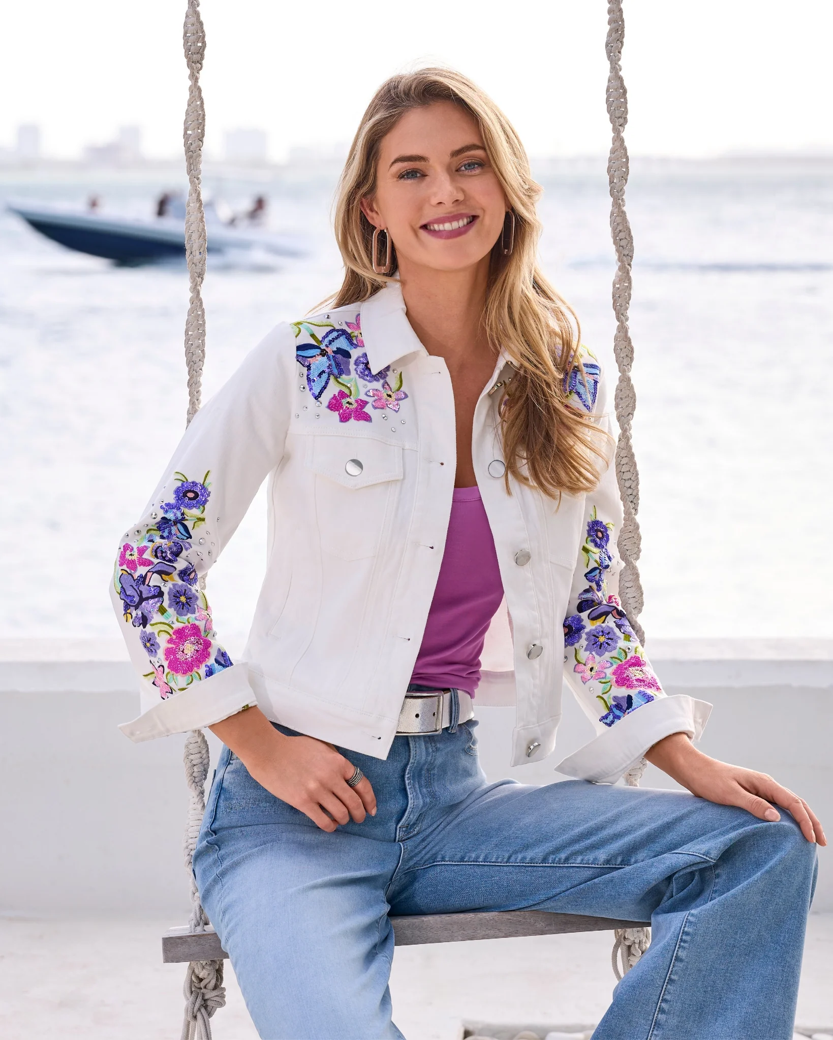 Floral Embroidered Denim Jacket White - Mycitystee