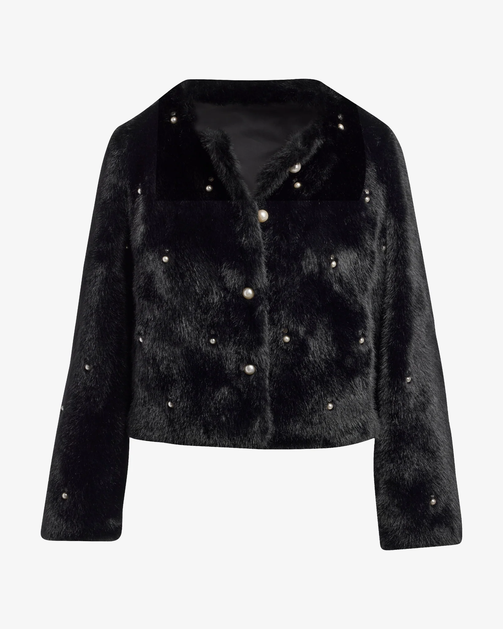 Pearl Embellished Faux Fur Collarless Chubby Black - Mycitystee