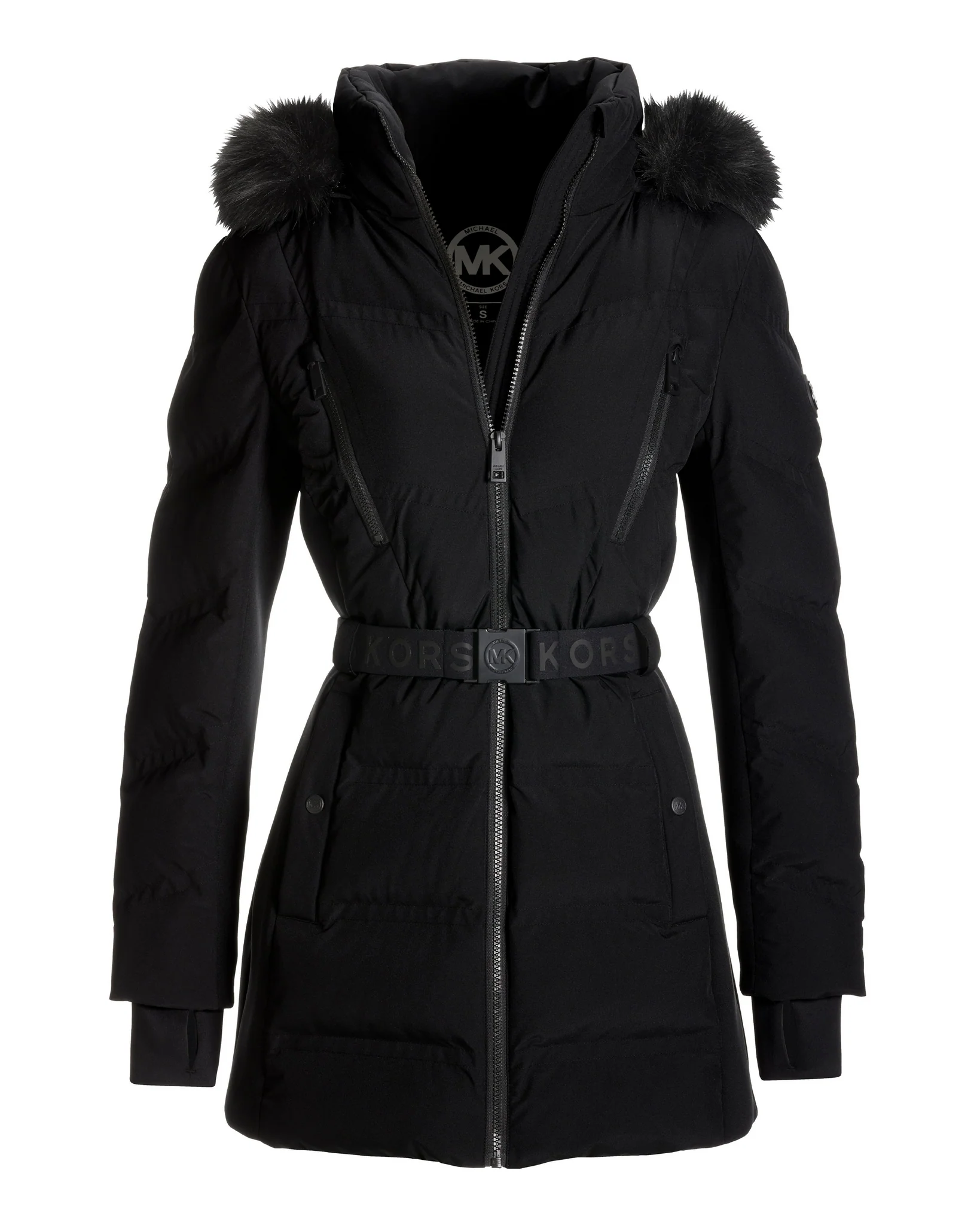 Faux Fur Trim Shaped Belted Puffer Jacket Black - Mycitystee