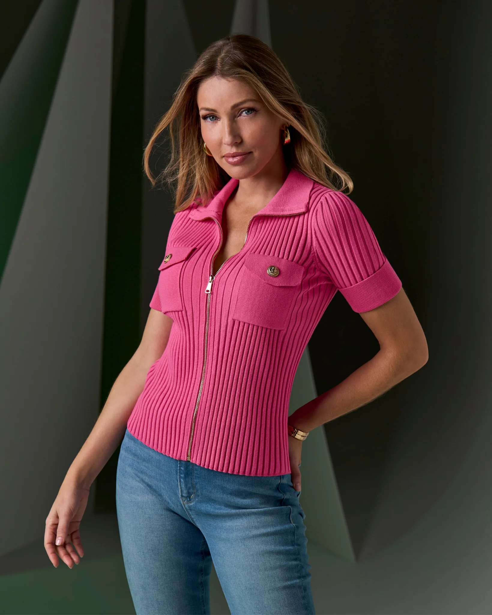 Wide Rib Zip Up Sweater Top Shocking Pink - Mycitystee