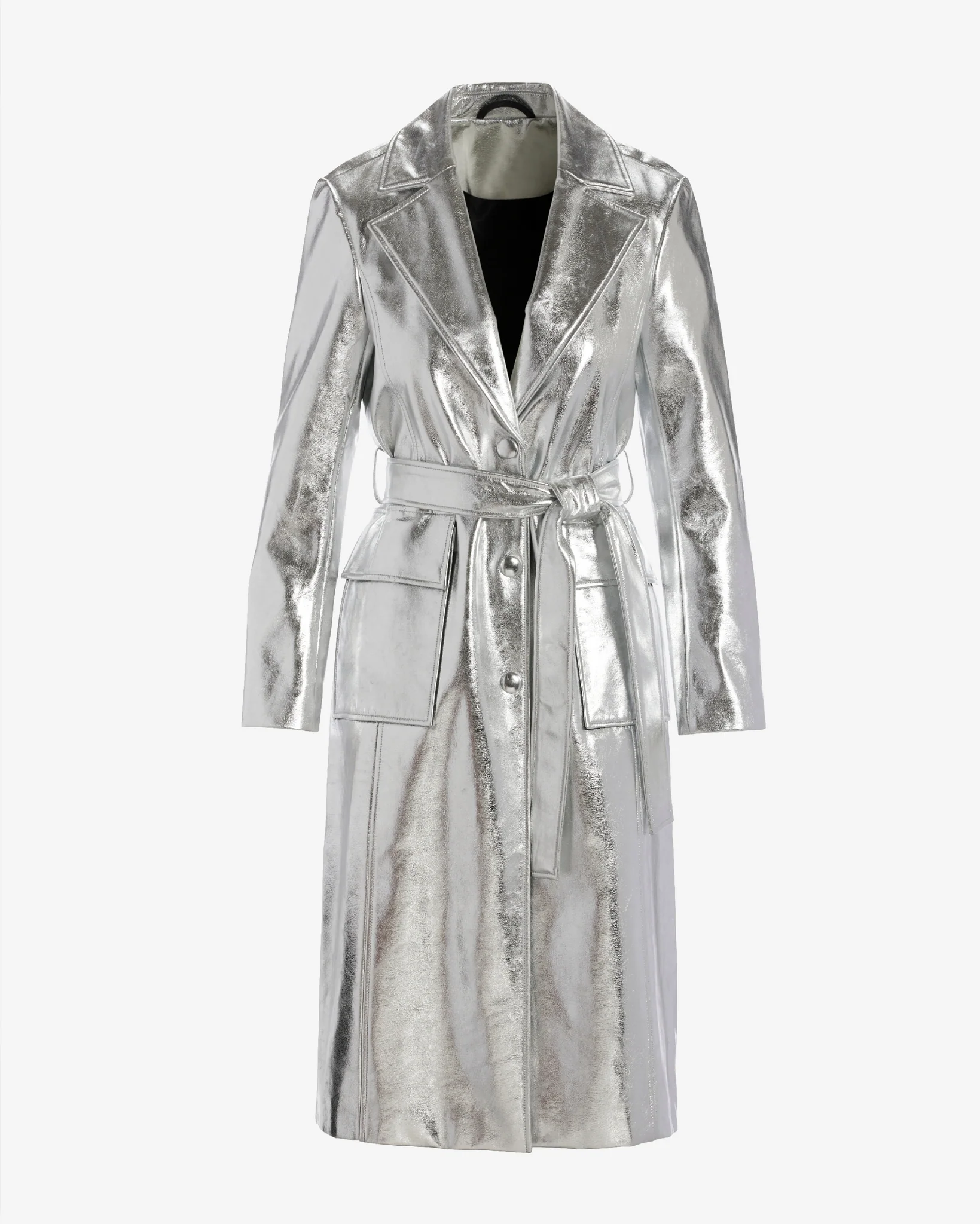 Metallic Faux Leather Blazer Style Trench Coat Silver - Mycitystee