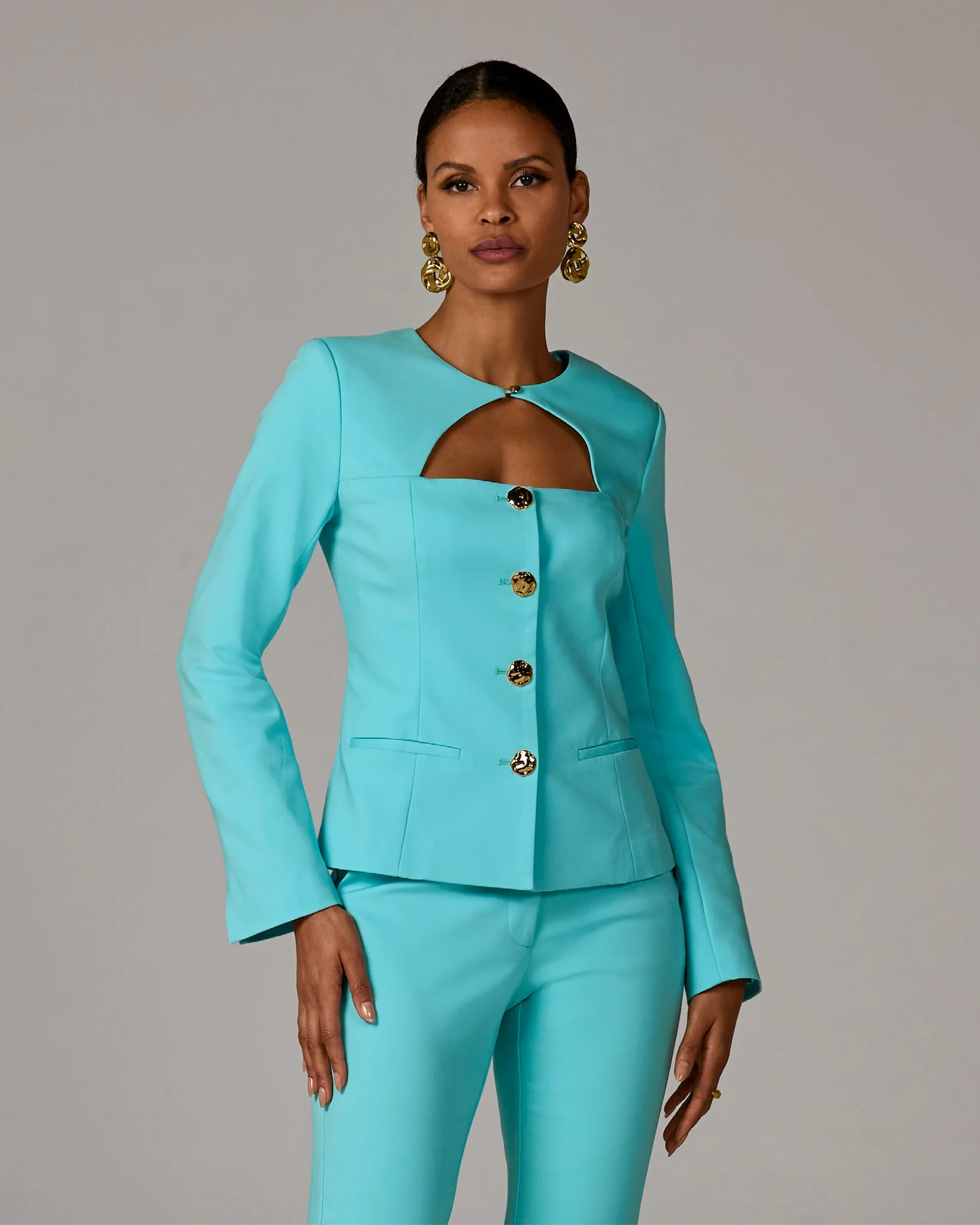 Modern Cutout Novelty Button Peplum Blazer Blue Radiance - Mycitystee