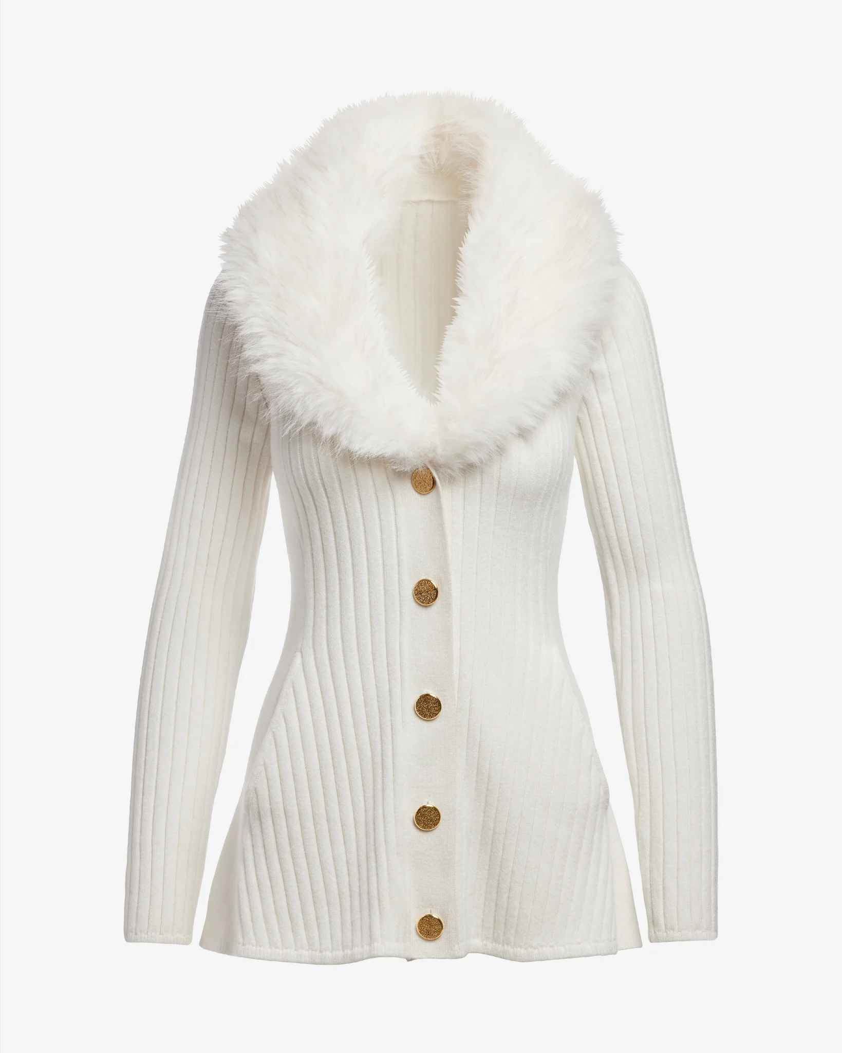 Faux Fur Trim Button Up A-Line Cardigan Off White - Mycitystee