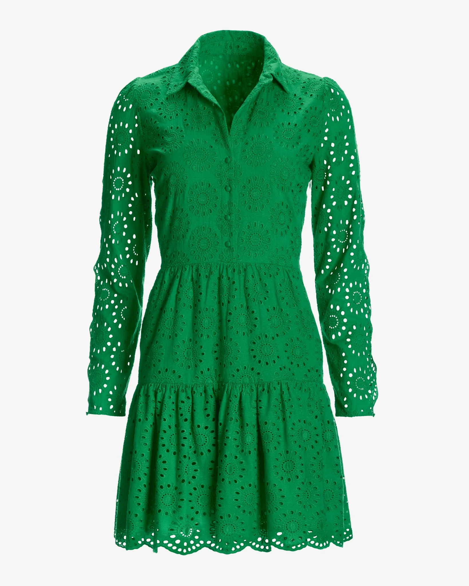 Eyelet Scallop Detail Tiered Shift Dress Monaco Green - Mycitystee