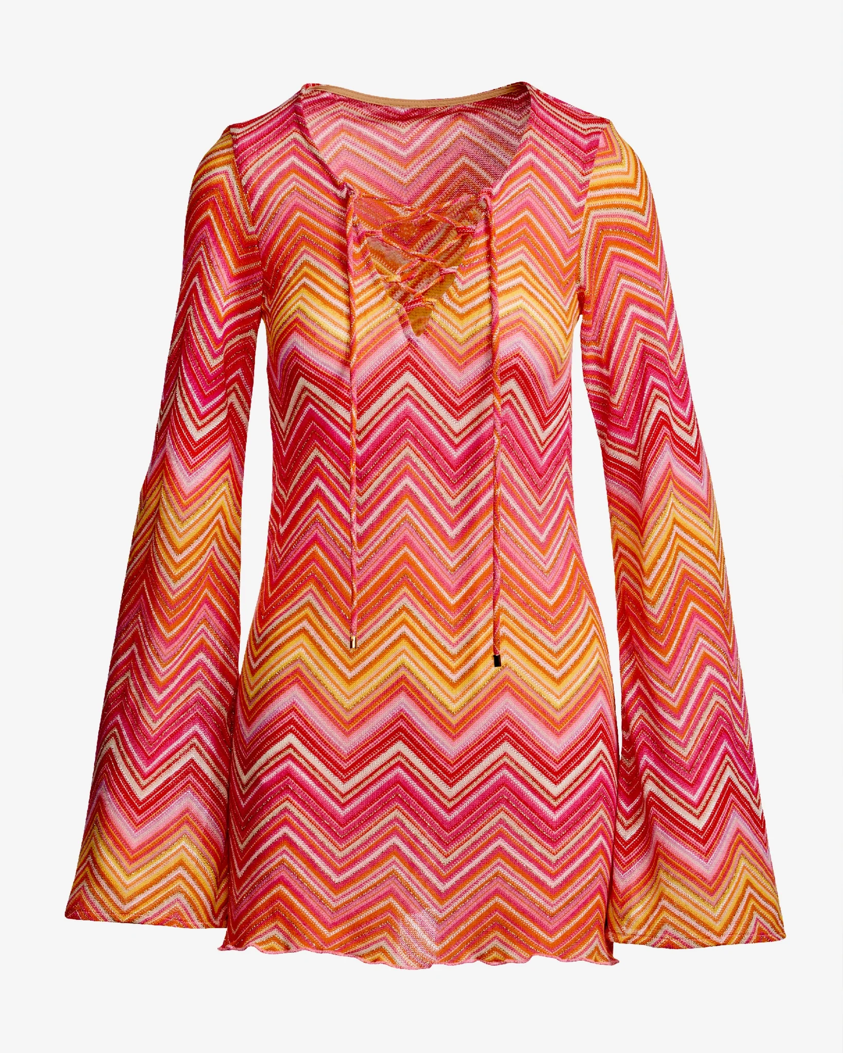 Metallic Chevron Lace Up Coverup Dress Pink Multi - Mycitystee