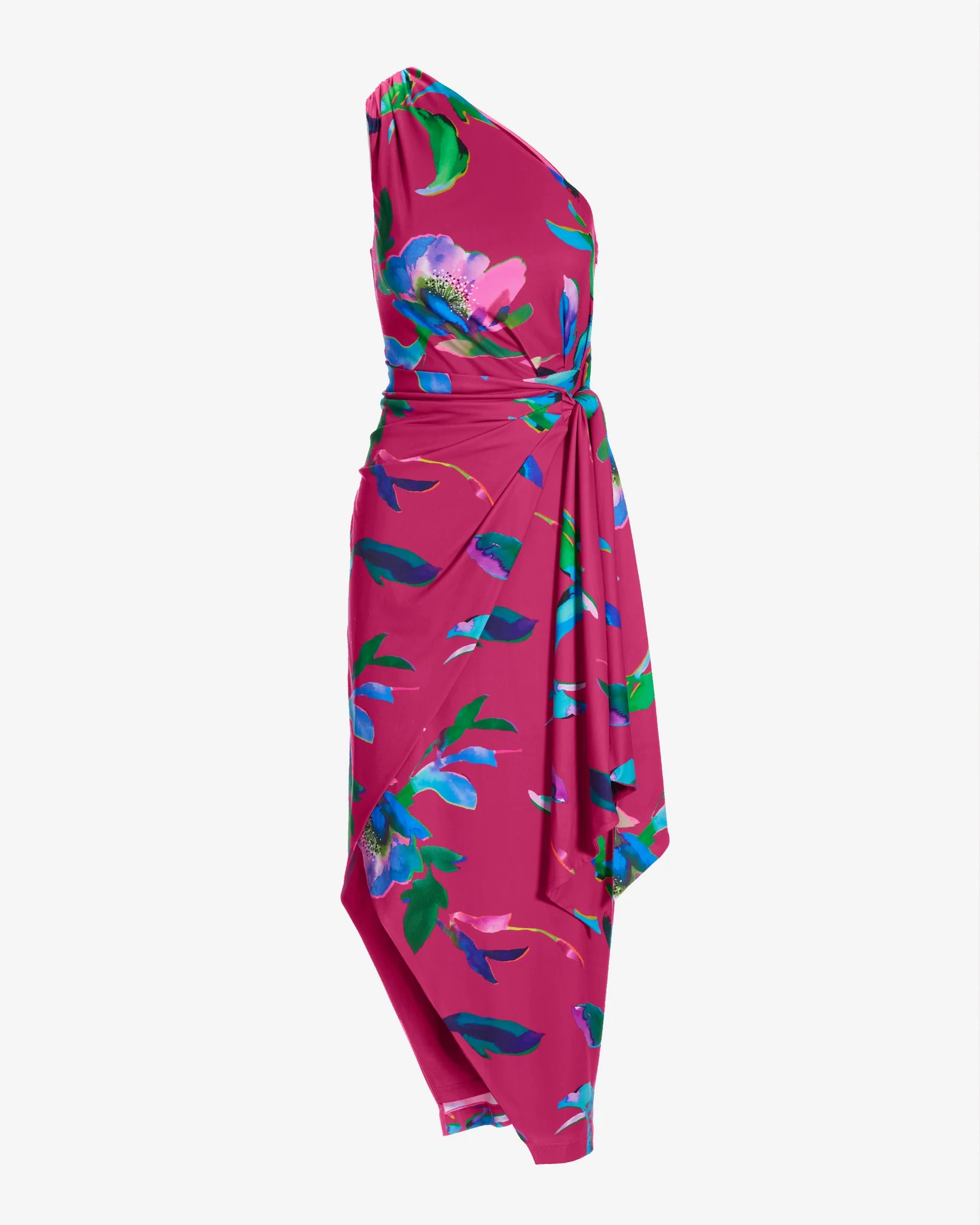 Watercolor Abstract Print One Shoulder Tie Waist Knit Dress Multi - Mycitystee