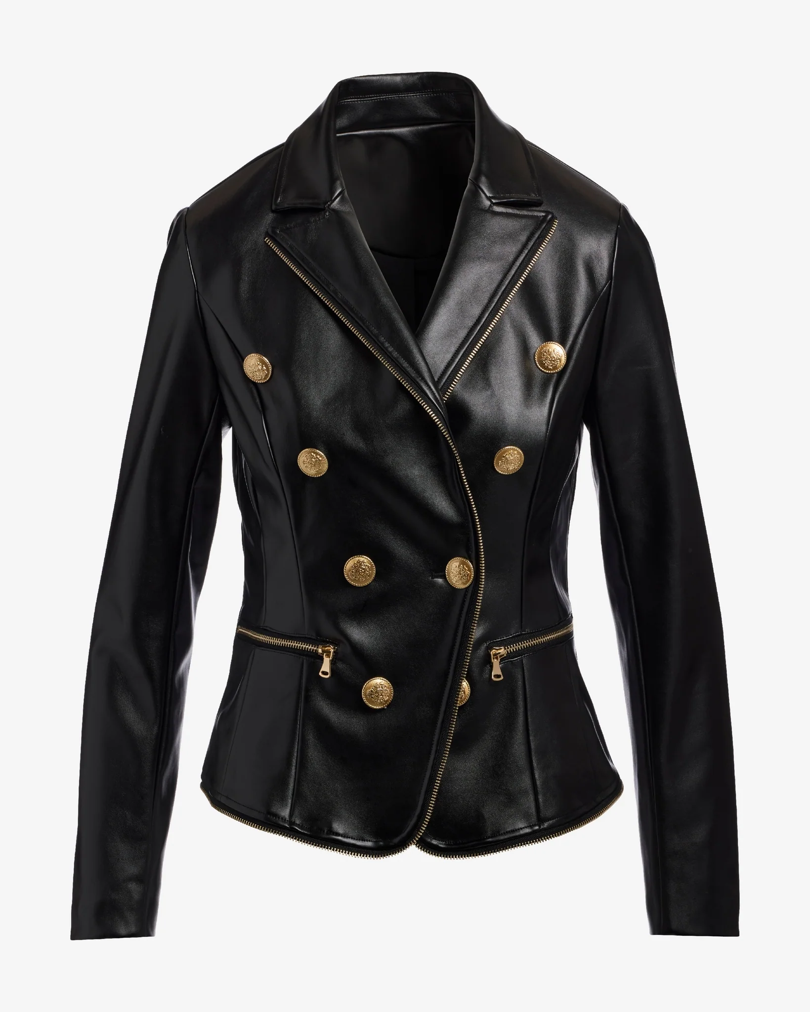 Zip Trim Faux Leather Double Breasted Jacket Black - Mycitystee
