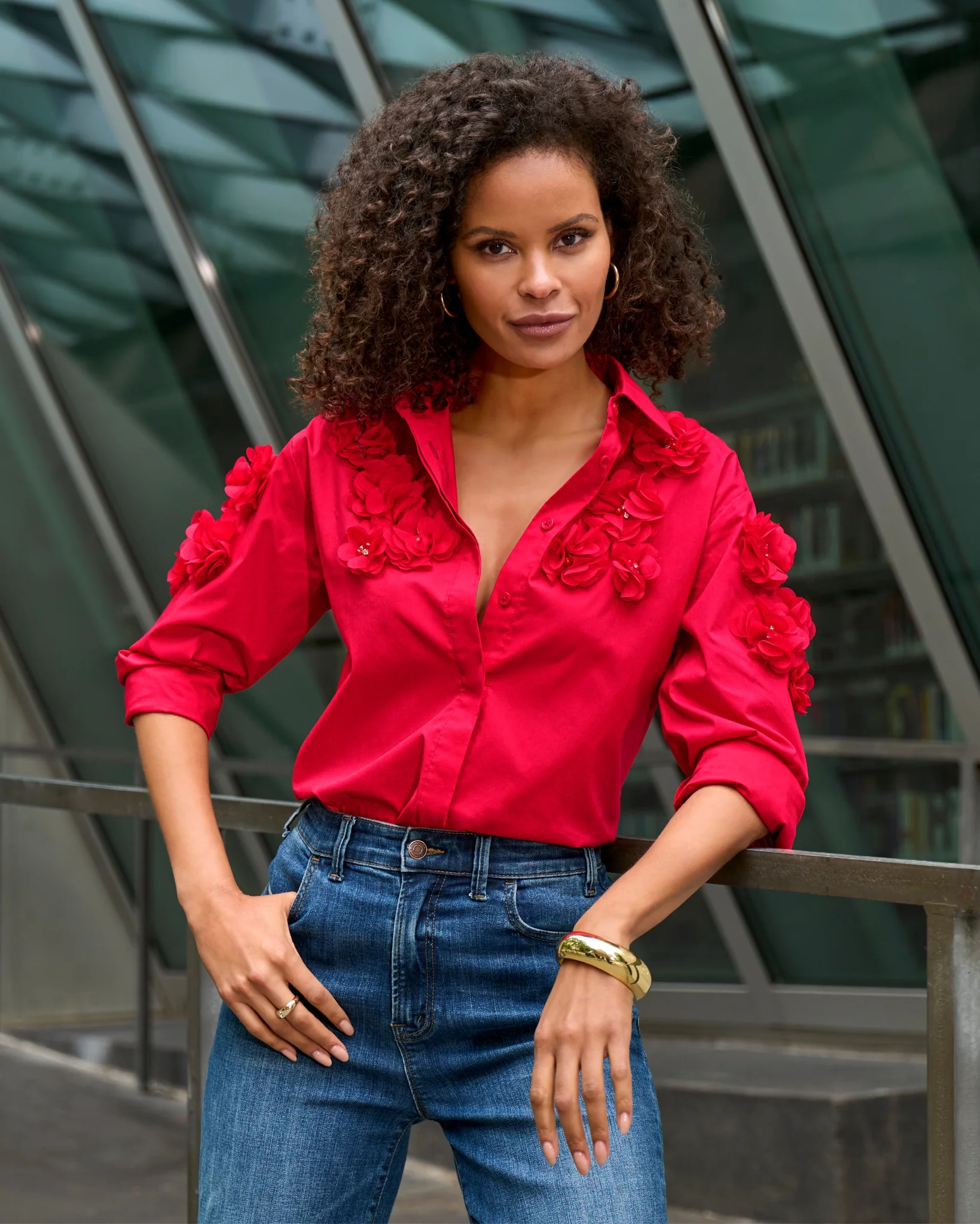 Poplin and Pearl Button Up Shirt Tomato Red - Mycitystee