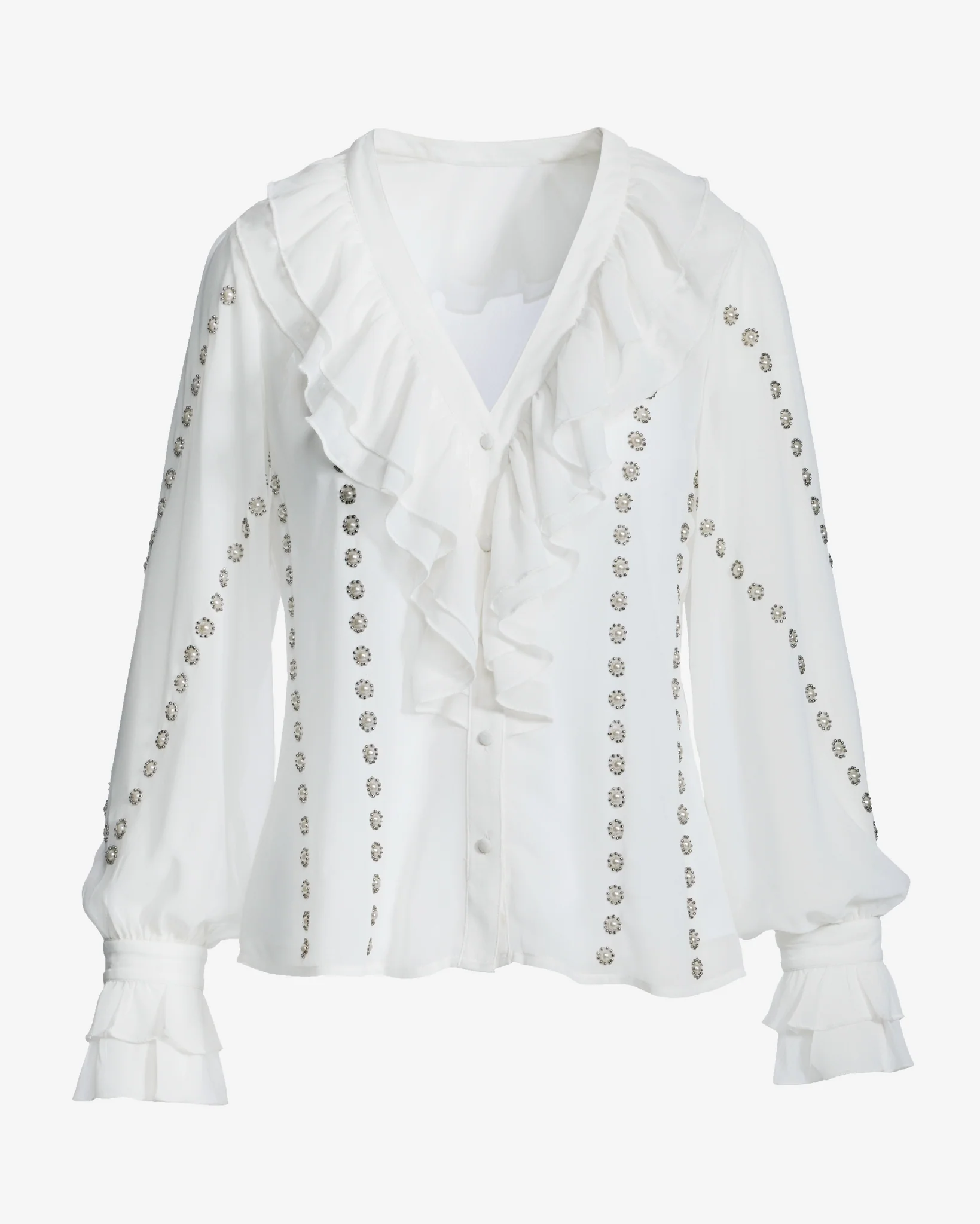 Parisian Pearl Embellished Ruffle Blouse White - Mycitystee