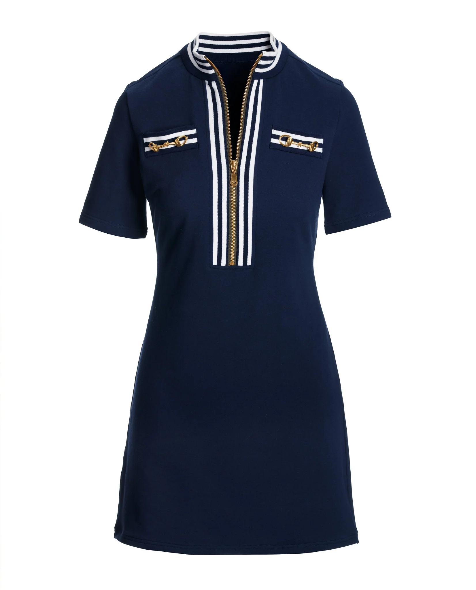 Striped French Terry Hardware Zipper Dress Navy/White - Mycitystee