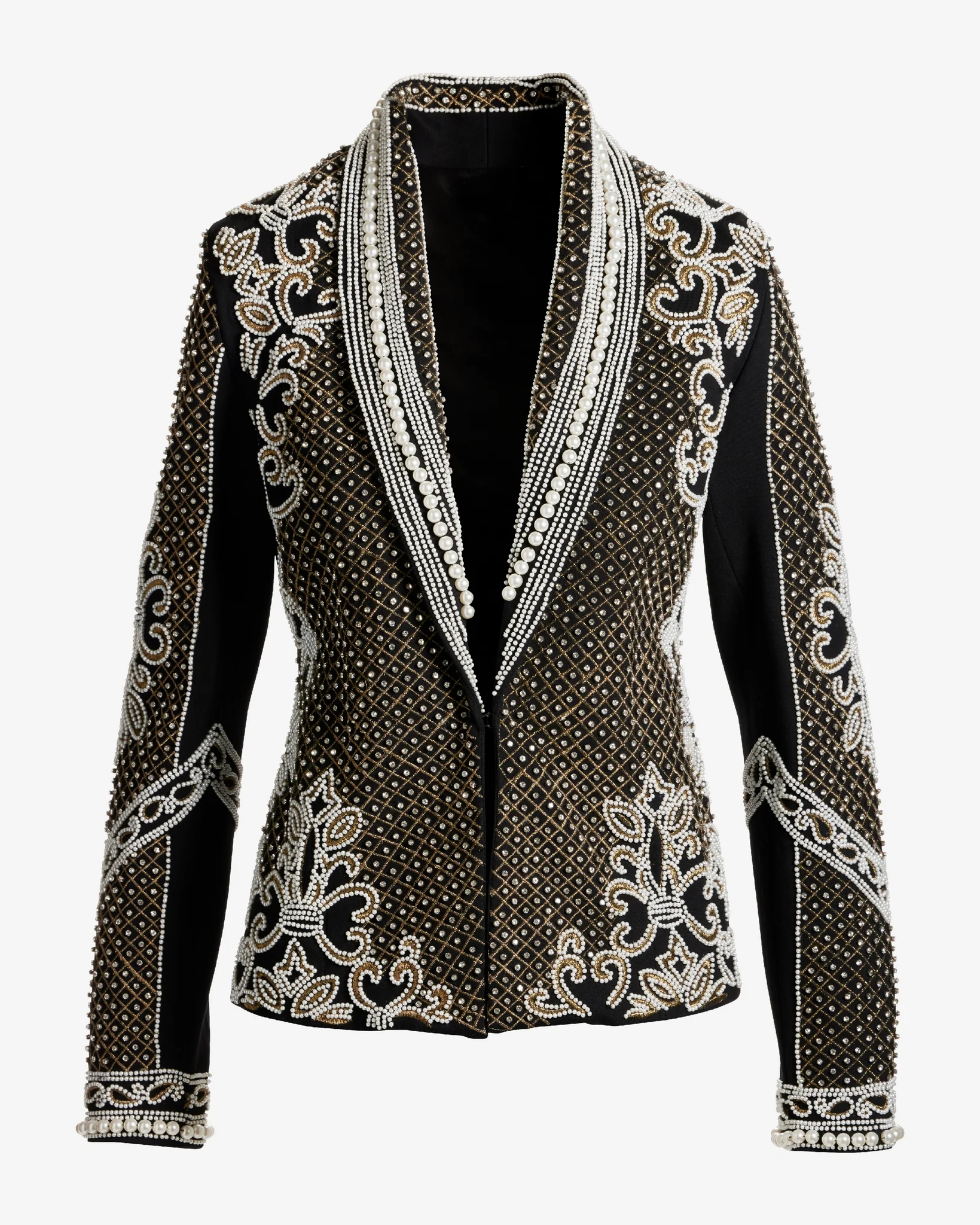 Over The Top Pearl and Rhinestone Embellished Shawl Collar Ponte Jacket Black Multi - Mycitystee