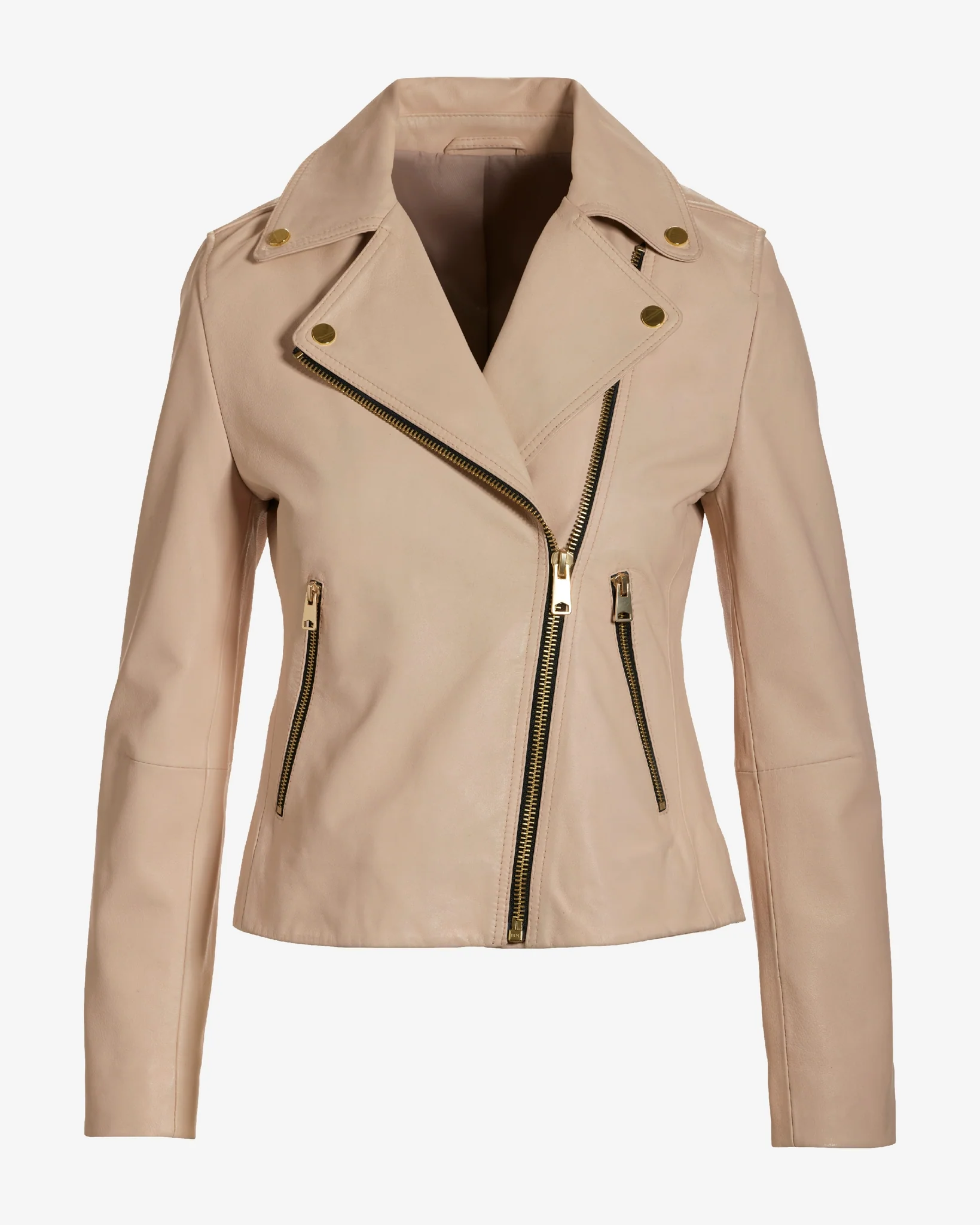 Genuine Leather Zip Detail Moto Jacket Bone - Mycitystee