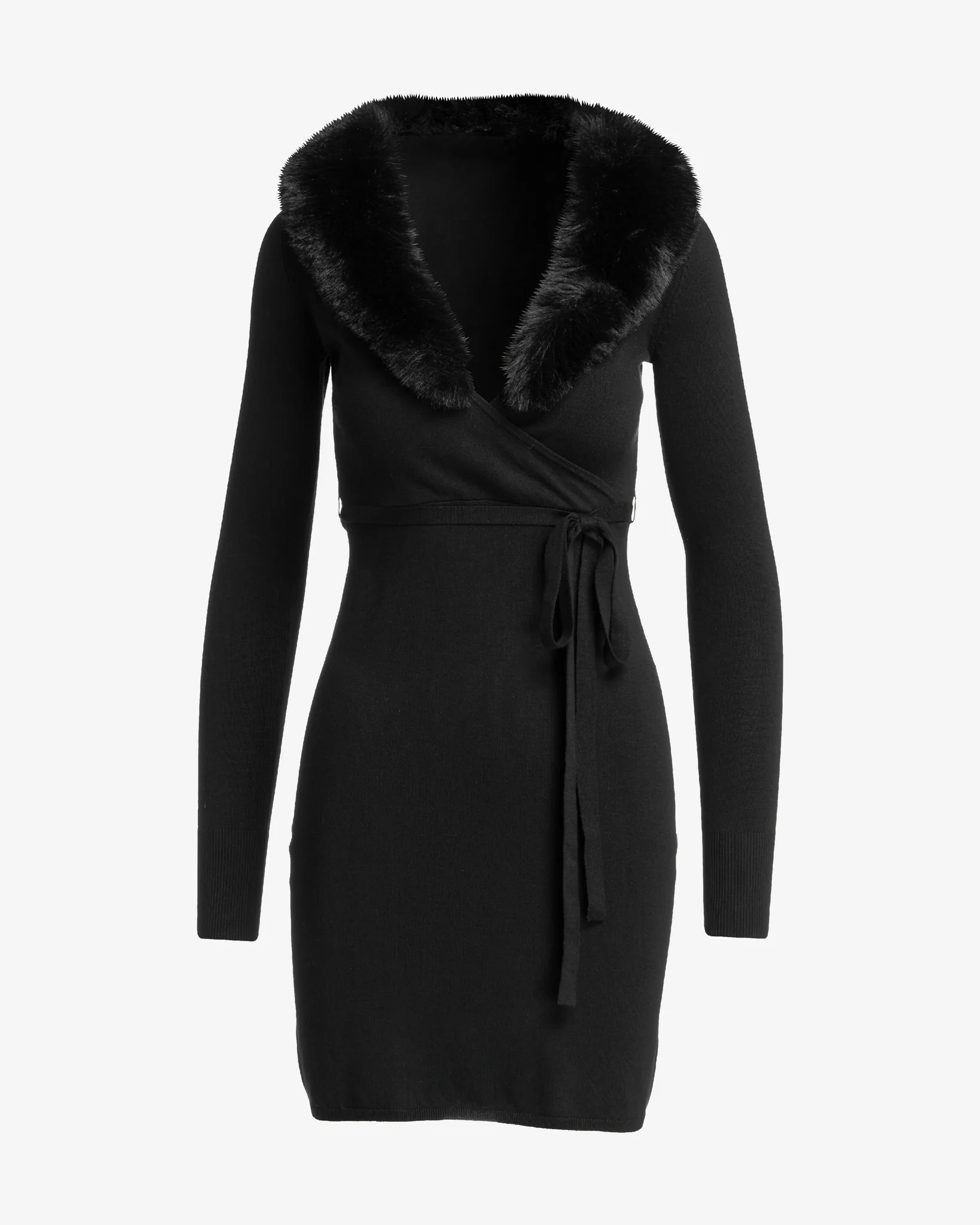 Faux Fur Trim Sweater Dress Black - Mycitystee