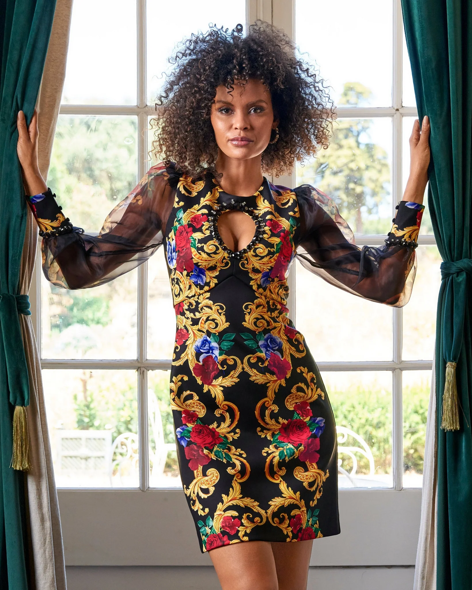 Holiday Status Print Embellished Keyhole A Line Scuba Dress Black/Multi - Mycitystee