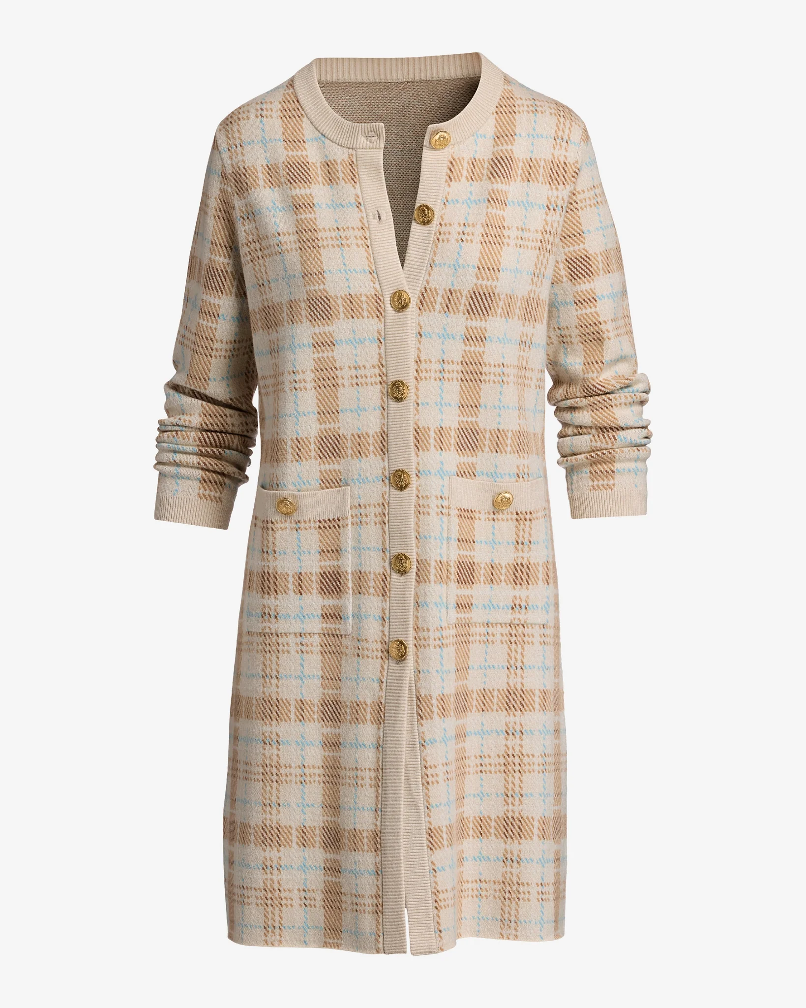 Plaid Crested Button Sweater Duster Cozy Plaid - Mycitystee