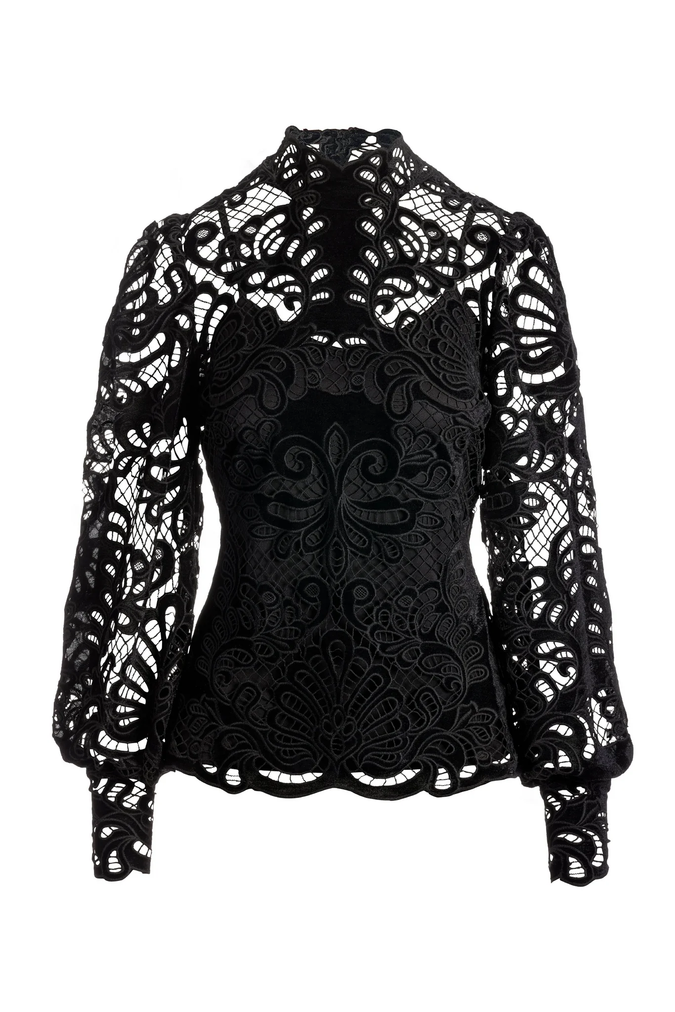 Velvet Lace Mock-Neck Long-Sleeve Blouse Black - Mycitystee