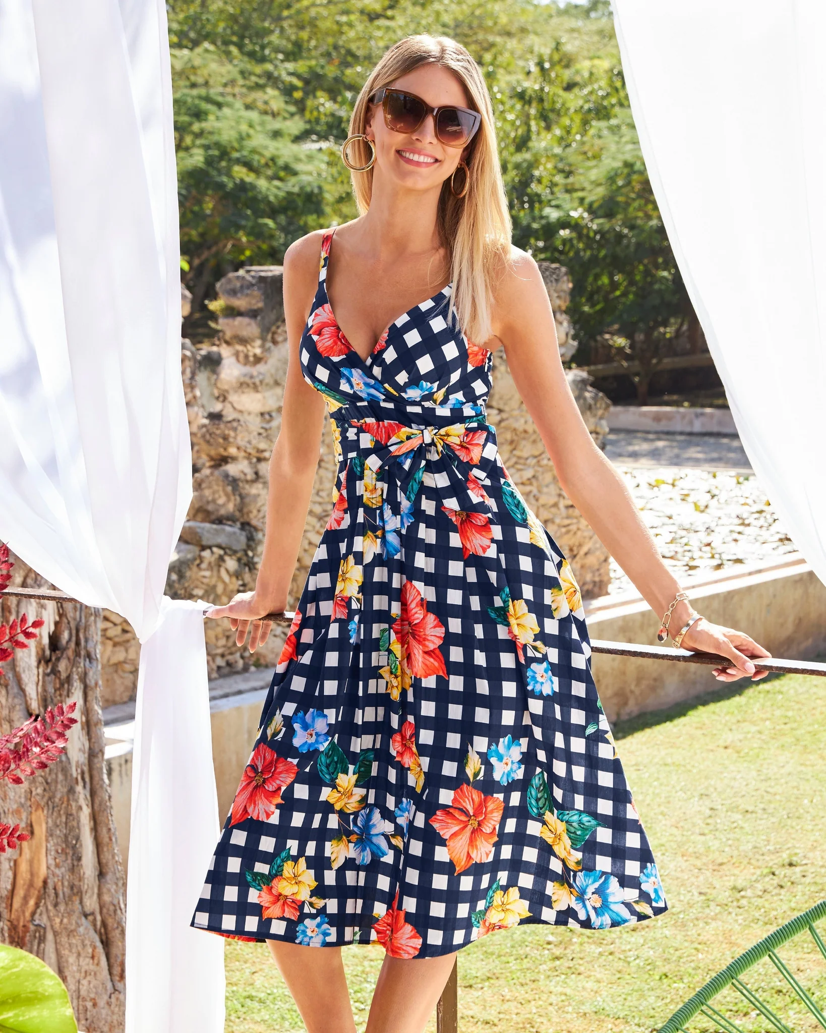 Floral Gingham Print Dress Navy Multi - Mycitystee