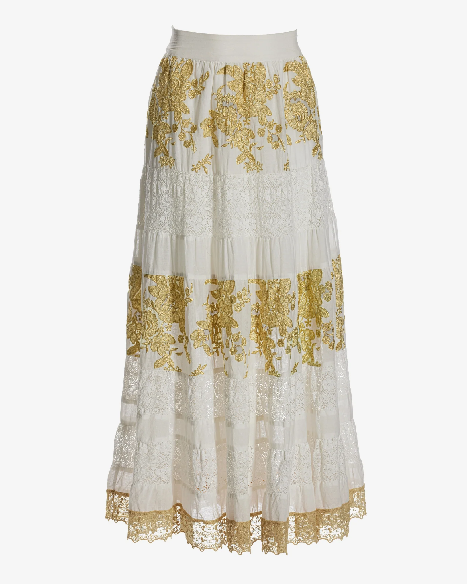 Tiered Gold Lace Maxi Skirt White/Gold - Mycitystee