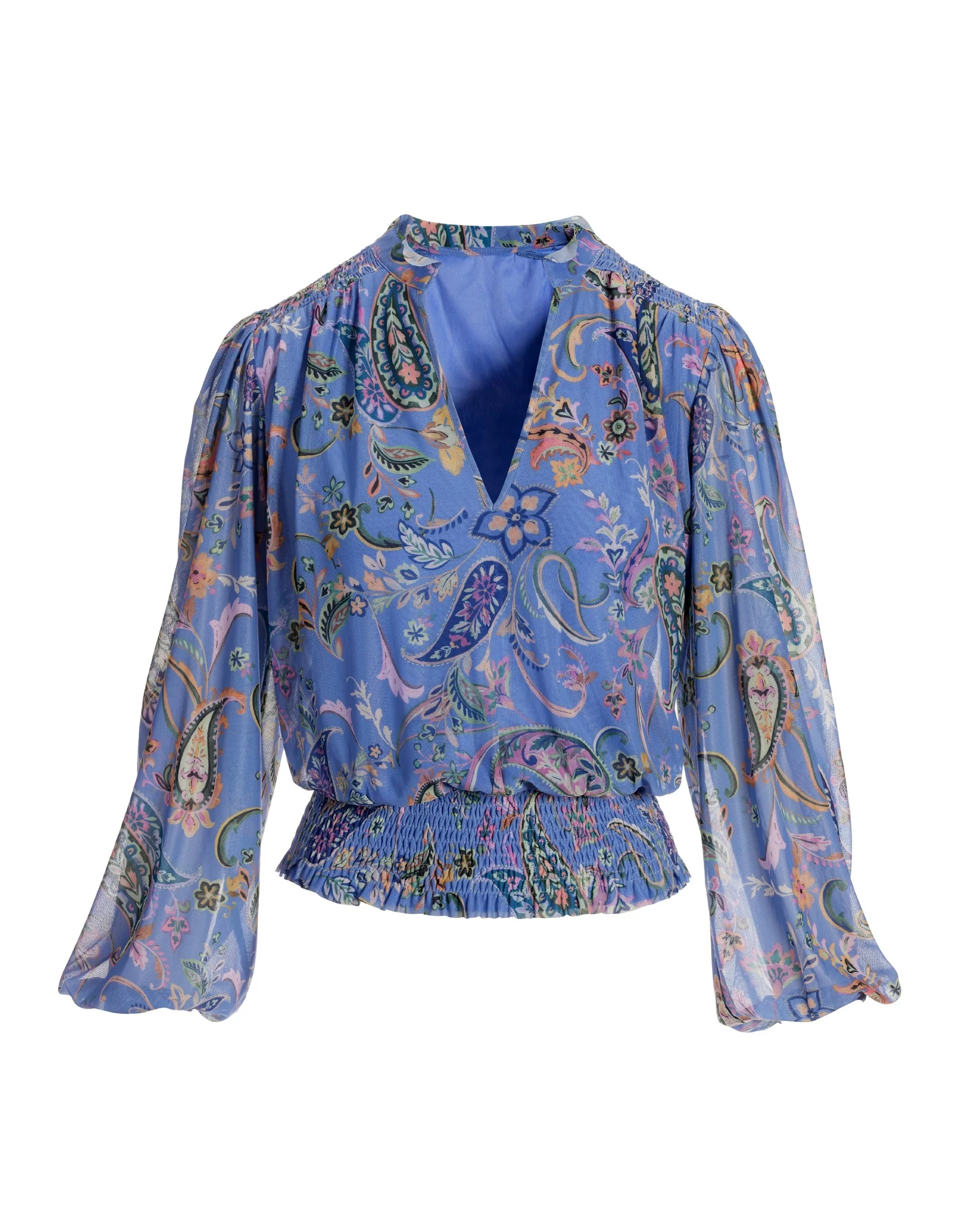 Chic Paisley Mesh Smocked Blouson Knit Top Blue Multi - Mycitystee