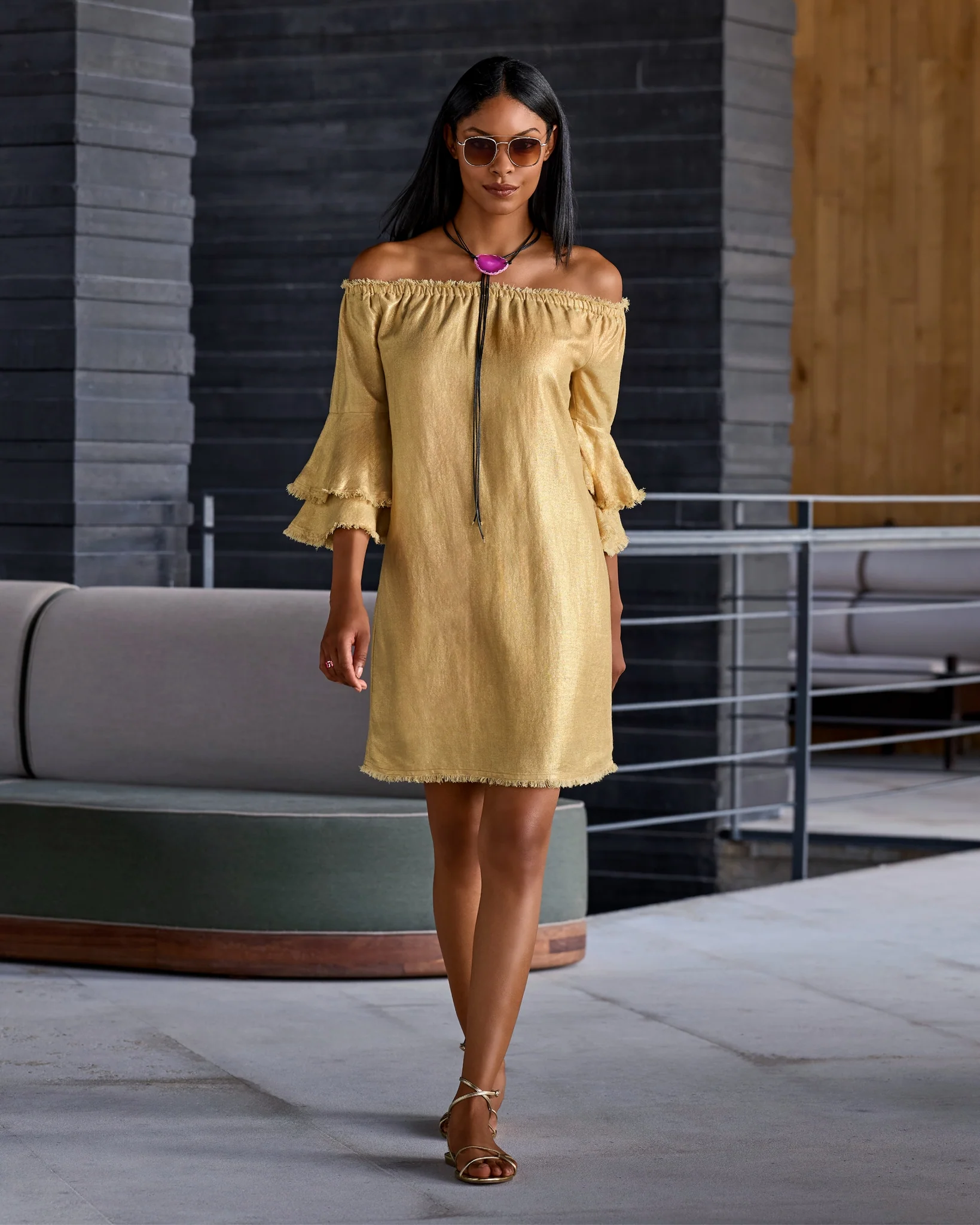 Linen Off The Shoulder Tiered Sleeve Shift Dress Gold - Mycitystee