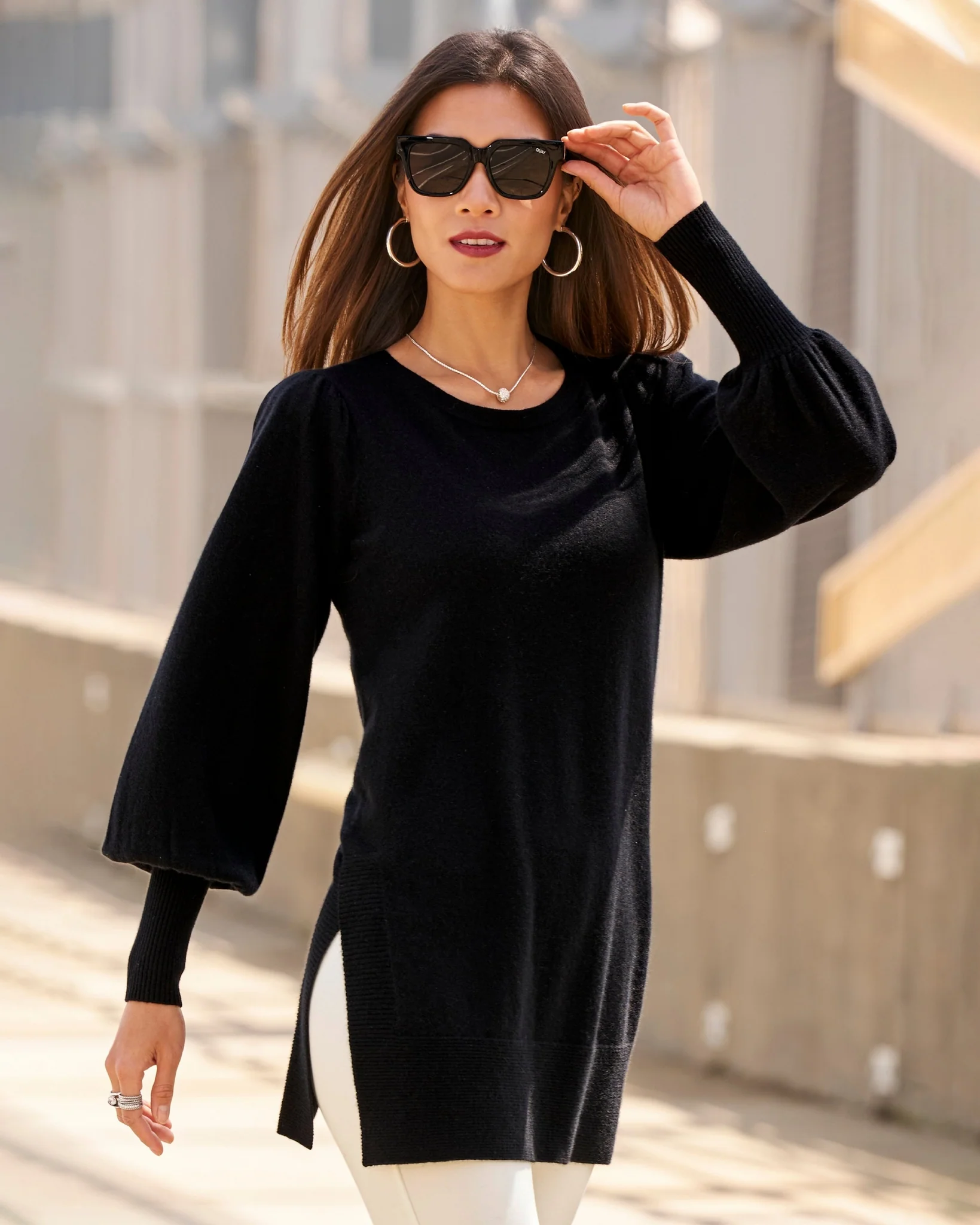 Cashmere Puff Sleeve Sweater Tunic Black - Mycitystee