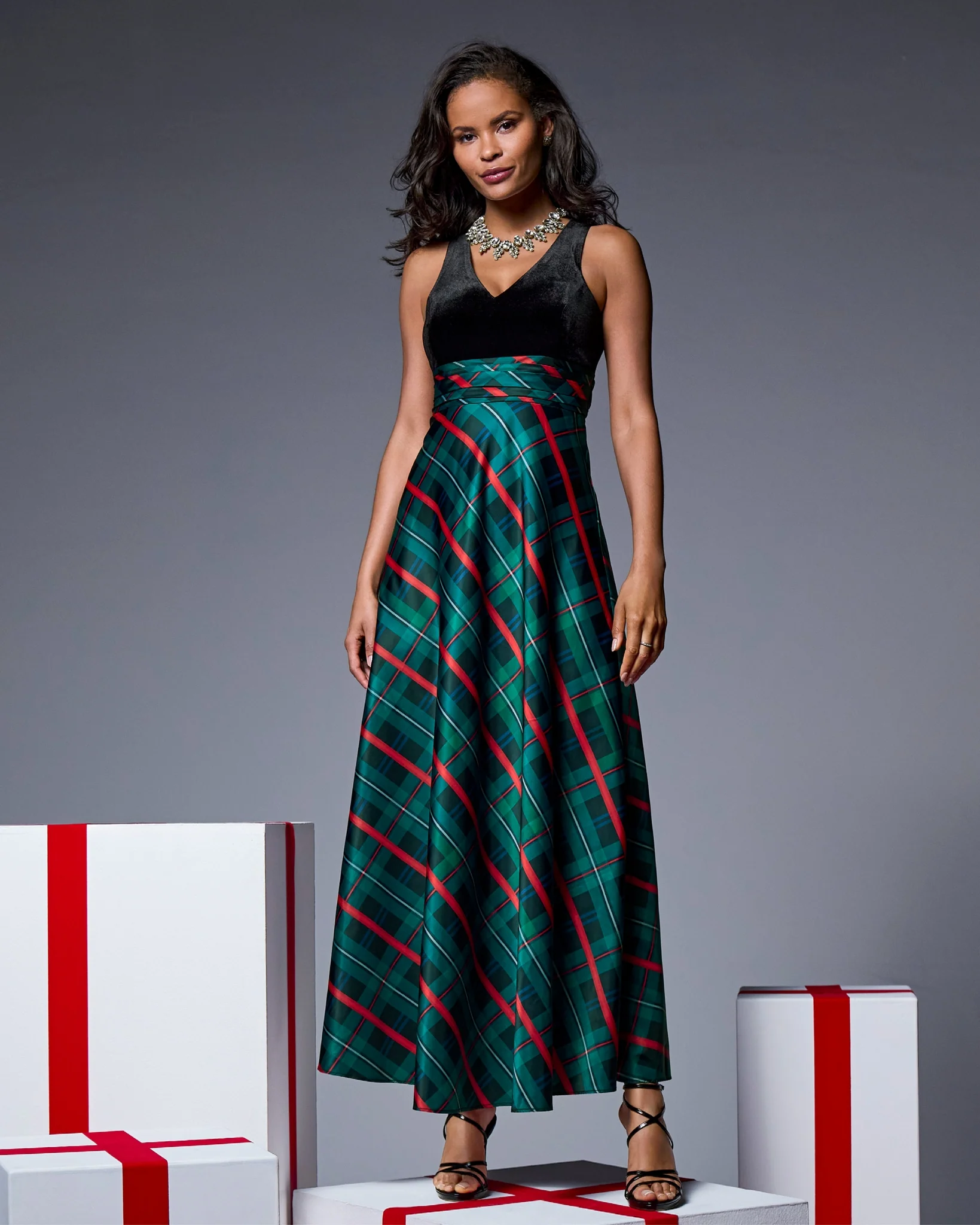 Velvet Bodice Plaid Gown Multi - Mycitystee