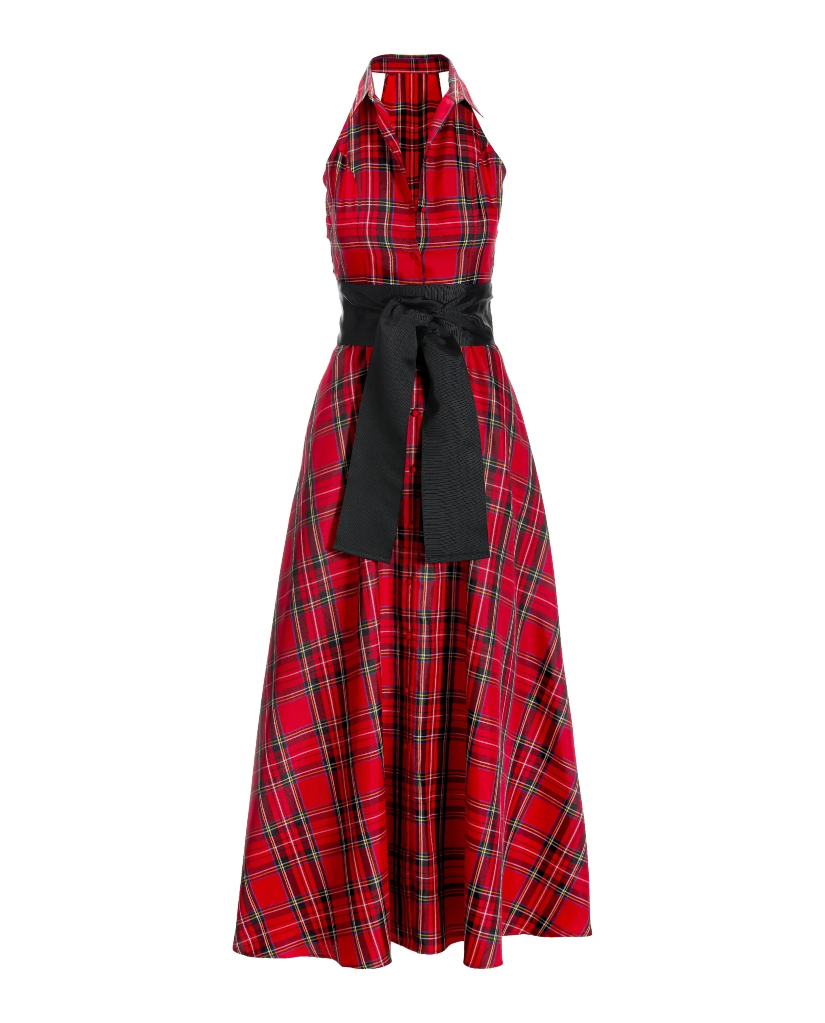 Classic Plaid Fit and Flare Halter Shirt Dress Red Multi - Mycitystee