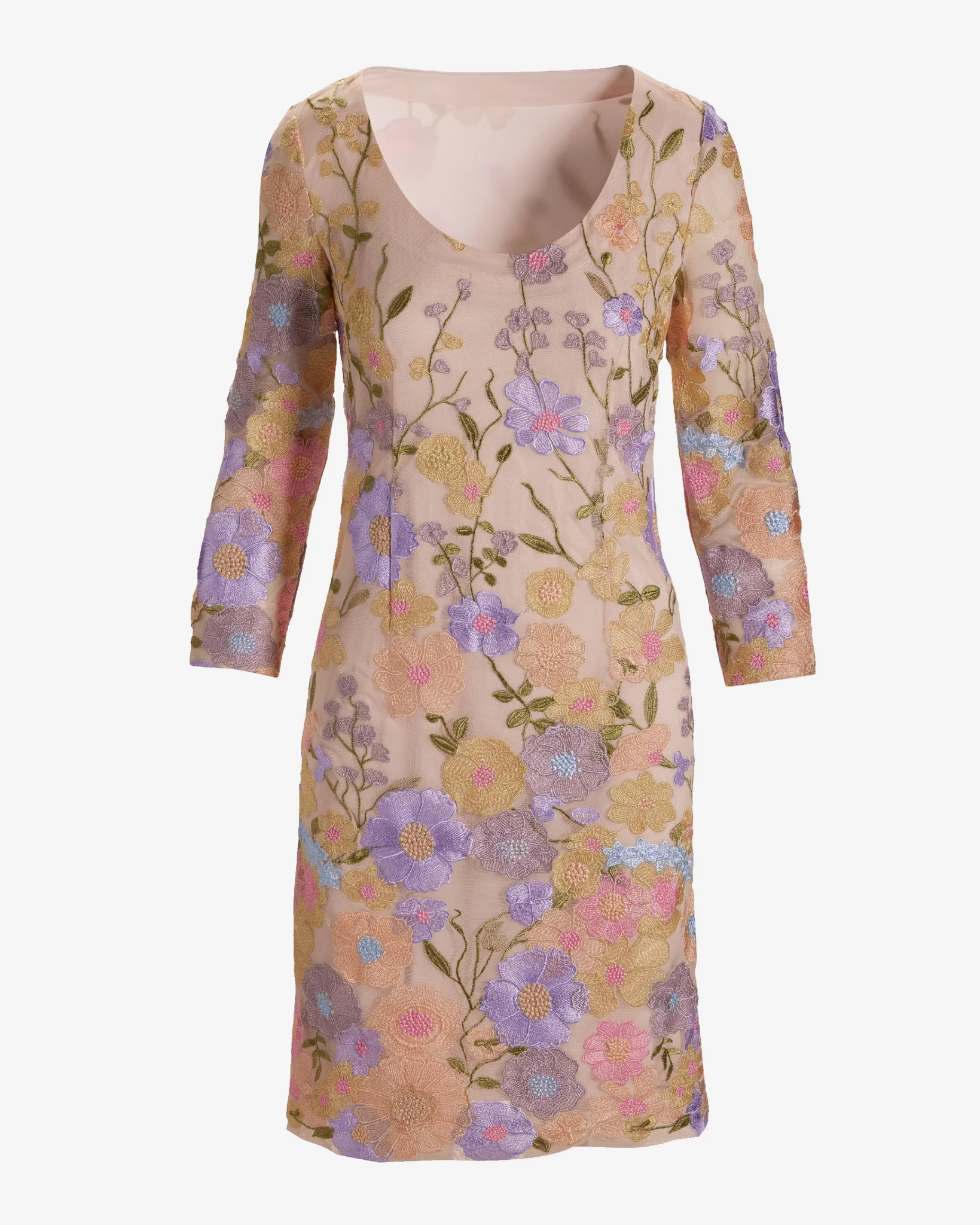 Pastel Embroidered Mesh Three Quarter Sleeve Sheath Dress Multi - Mycitystee