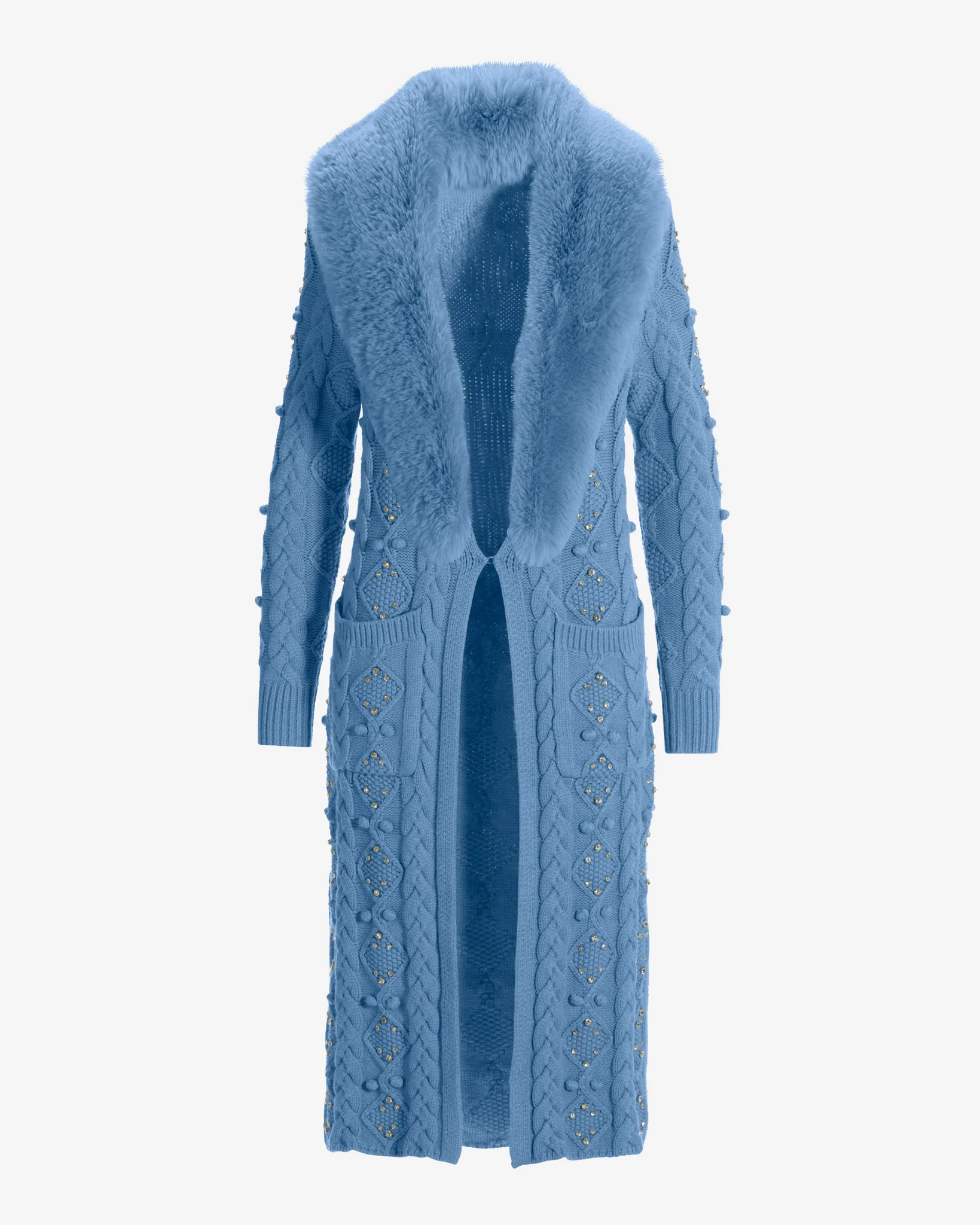 Faux Fur Embellished Cable Duster Clear Blue Sky - Mycitystee