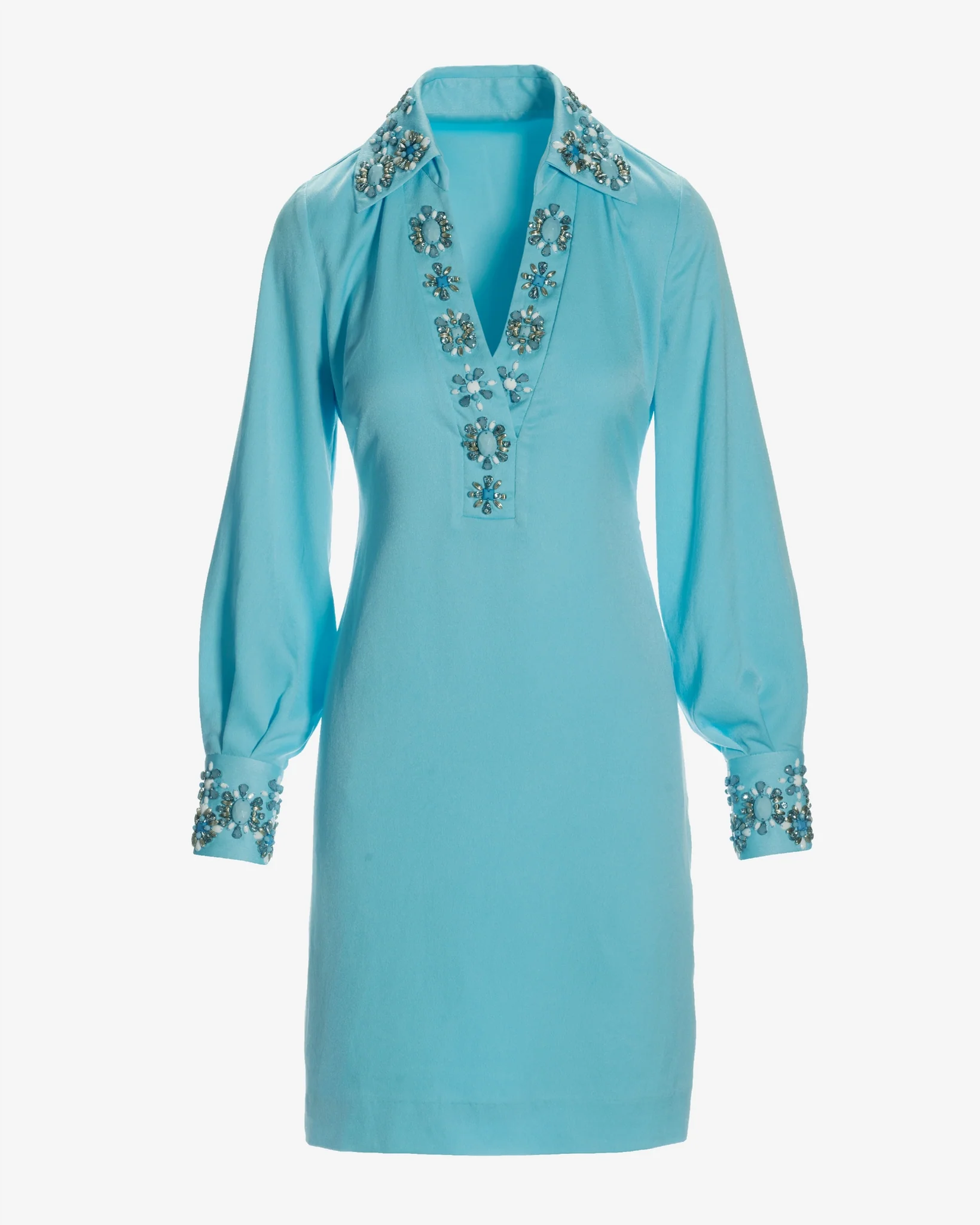 Beaded Embellished Trim Collared Tunic Dress Blue Topaz - Mycitystee