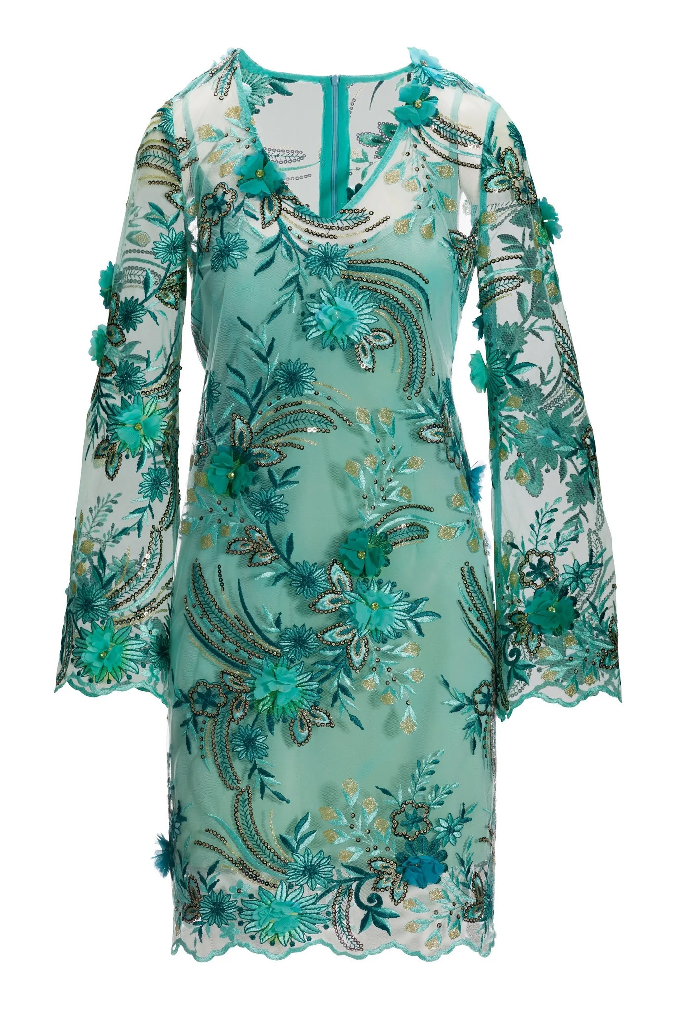 Flare Sleeve Sequin Embroidered Mesh Dress Multi - Mycitystee