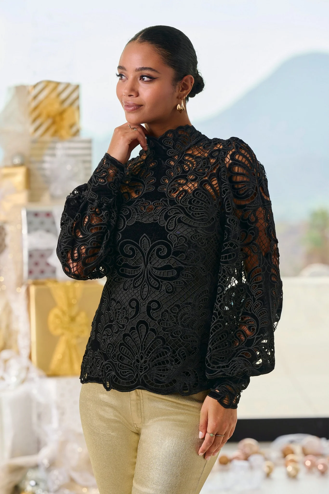 Velvet Lace Mock-Neck Long-Sleeve Blouse Black - Mycitystee