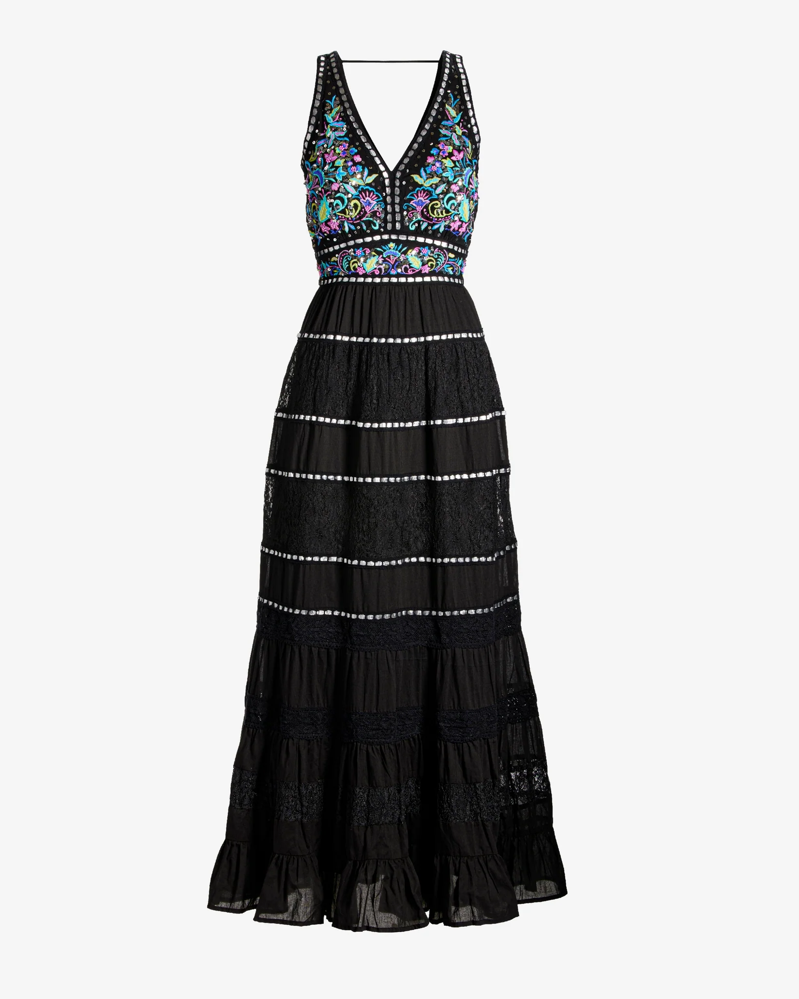 Embroidered and Embellished Tiered Lace Inset Maxi Dress Black - Mycitystee