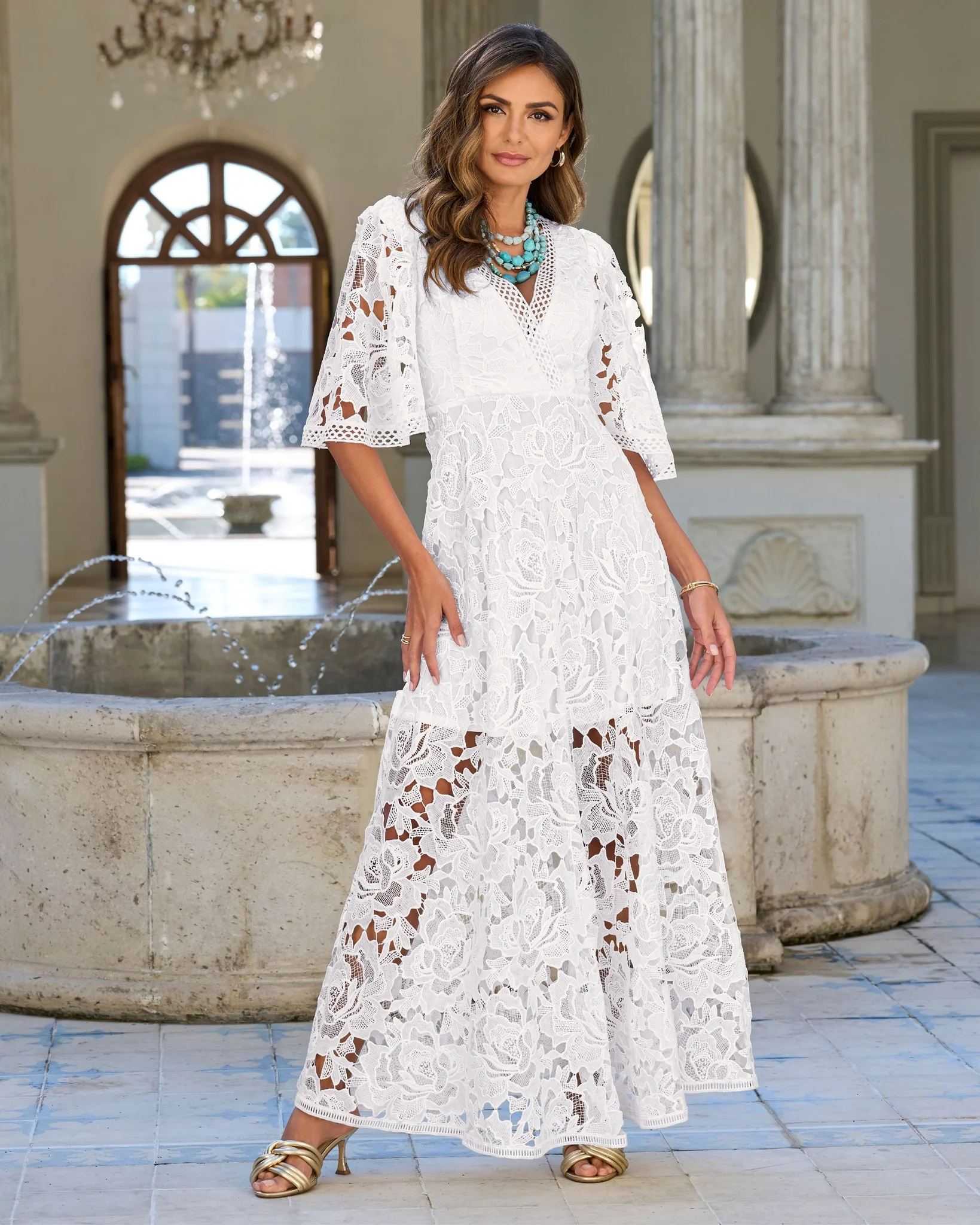 Lace Flounce Sleeve Maxi Dress White - Mycitystee