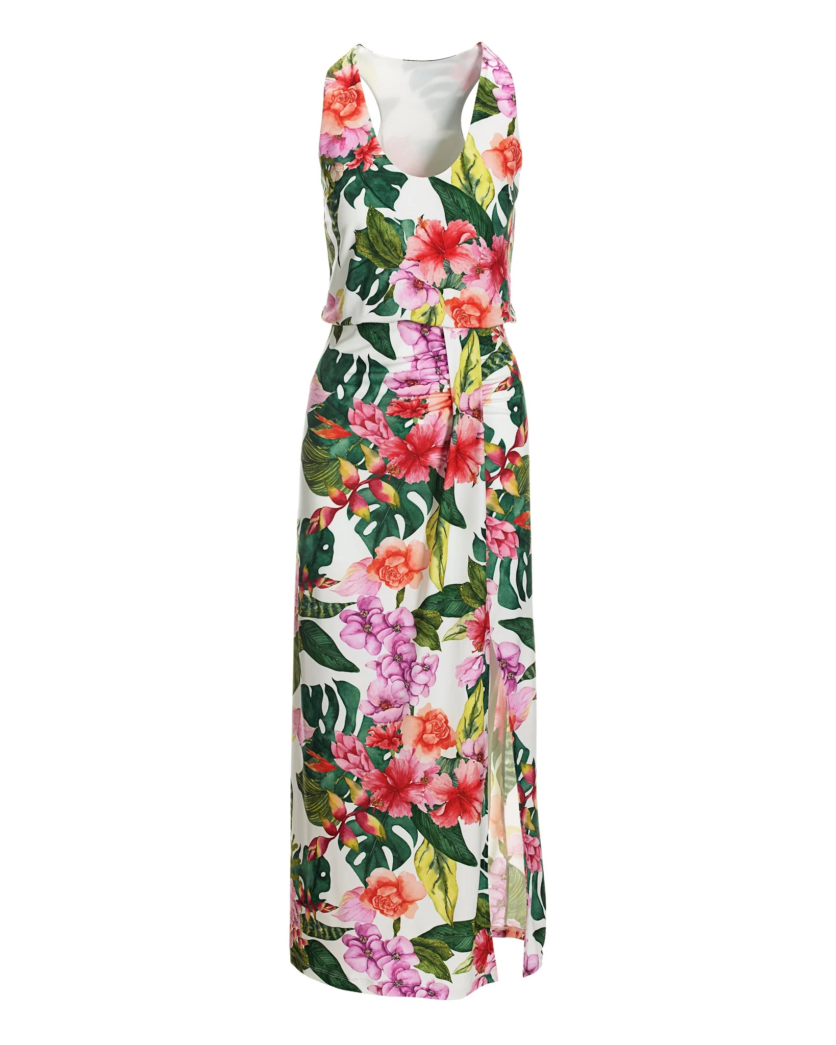 Tropical Oasis Print Blouson Slit Ankle-Length Dress Pink/Green - Mycitystee