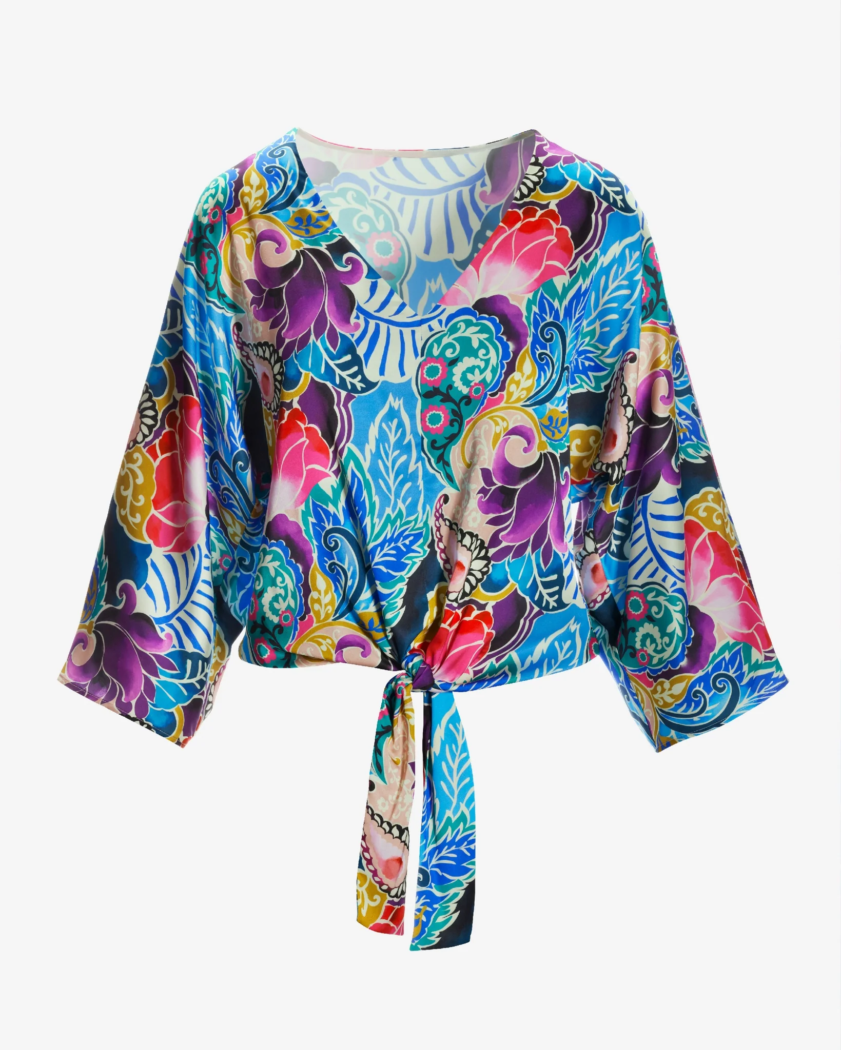 Jeweled Paisley Kate Tie Front Charmeuse Blouse Multi - Mycitystee