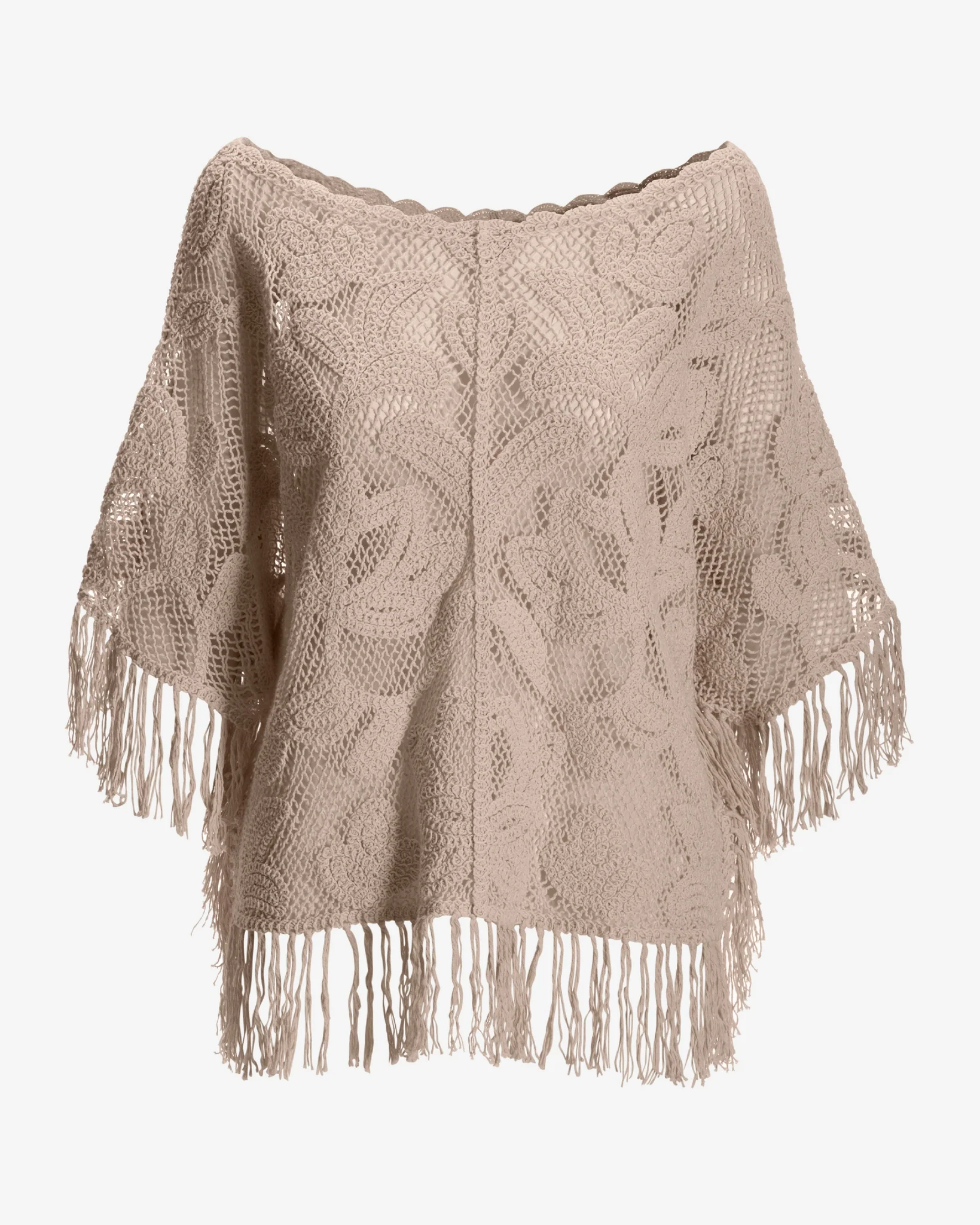 Crochet Slouchy Fringe Poncho Neutral - Mycitystee