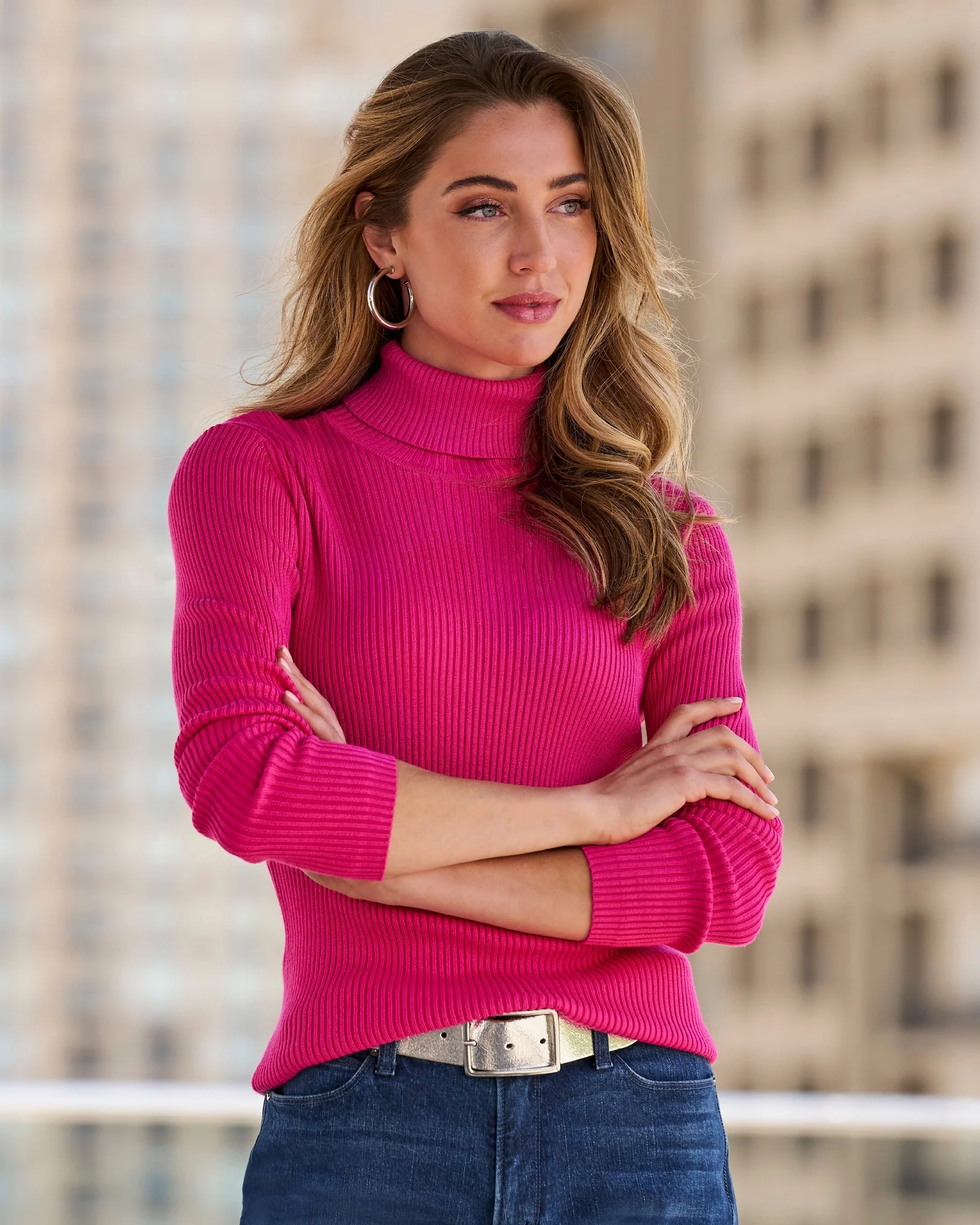 Ribbed Turtleneck Sweater Pink Peacock - Mycitystee
