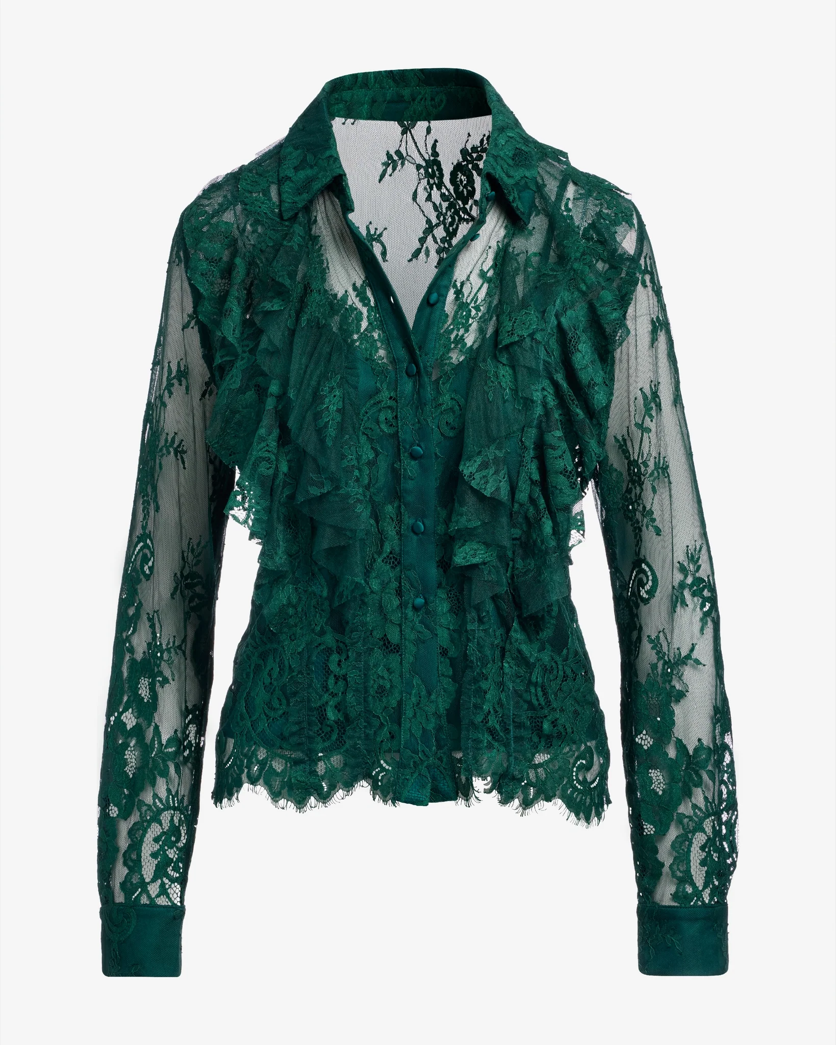 Ruffle Lace Button Up Shirt Emerald - Mycitystee